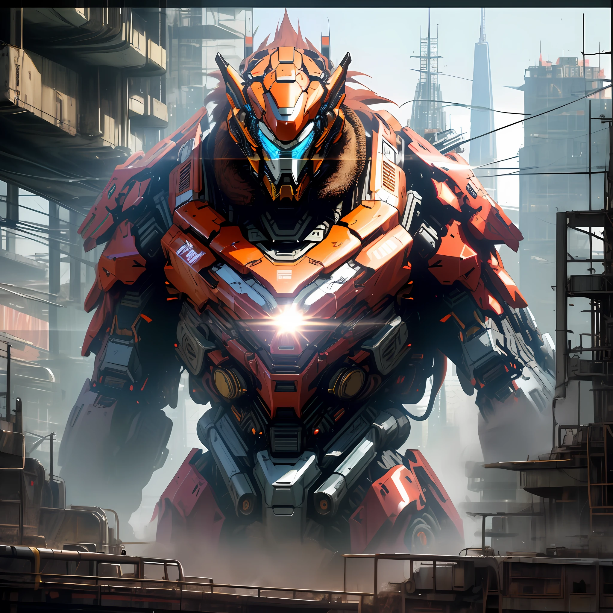 Dark_Fantasy, cyberpunk, (best quality, masterpiece), white, huge mecha in the shape of an orangutan, mechanical marvel, robot presence, cybernetics guardian, wearing cybernetic jacket, city, highest quality digital art, stunning art, wallpaper 4k, highly detailed, military robot, army, war zone, black and white, highest quality digital art, stunning art, wallpaper 4k, 8k, 64k, hd, unparalleled masterpiece, dynamic lighting, movie, epic, damaged mechanical parts