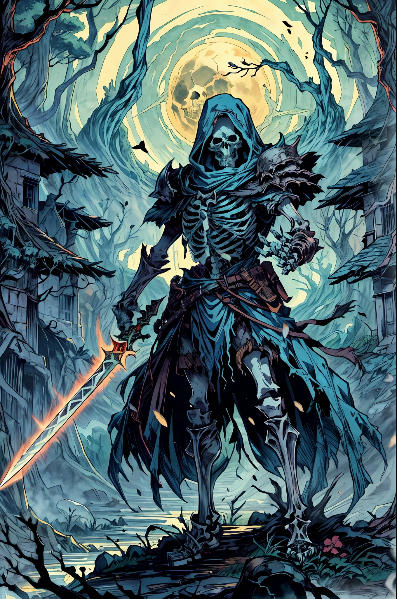 best image quality, masterpiece, super high resolution,
BREAK
"Imagine a chilling scene of a skeleton warrior standing atop an ancient tomb, shrouded in the eerie glow of the full moon. The warrior is adorned in ancient armor, rusted with age and battle-worn, with a helm that glints ominously in the moonlight. BREAK In one hand, the warrior holds a wickedly sharp sword, while the other hand is outstretched, as if beckoning you closer. The tomb beneath the skeleton is ornately decorated, with intricate carvings of snakes and skulls etched into the stone. BREAK The air is thick with the scent of decay and ancient magic, as if the tomb itself is alive with dark power. The skeleton warrior’s eyes glow with an otherworldly light, and you can almost feel the weight of its gaze upon you. BREAK In the background, the silhouette of a haunted forest looms, with twisted trees and gnarled branches reaching up to the sky like skeletal fingers. The tomb itself is perched on a cliff overlooking a raging sea, the waves crashing against the rocks far below. BREAK This image captures the essence of dark fantasy and conjures up a sense of foreboding, as if the skeleton warrior is a harbinger of doom, standing guard over the secrets buried within the ancient tomb."