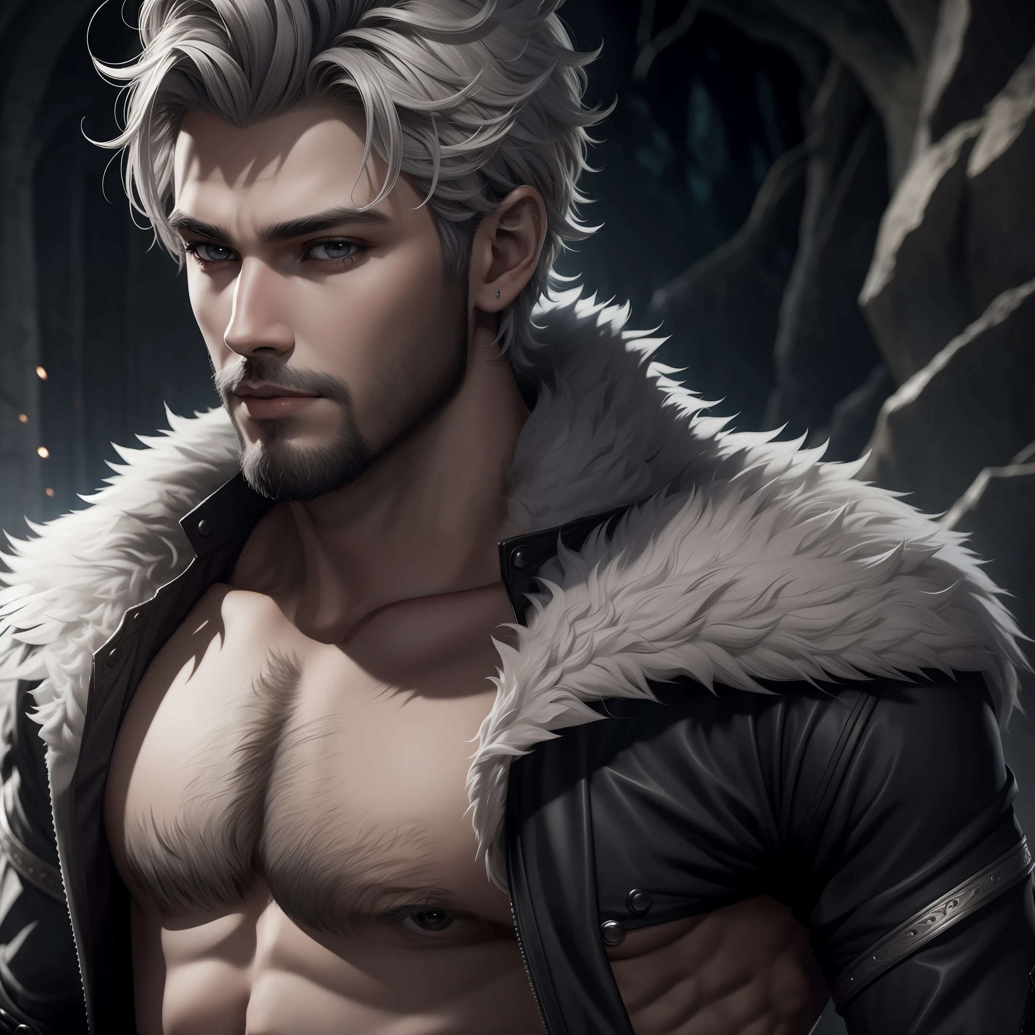 (Masterpiece) 8K resolution, wolf man beautiful boy, silver short hair and ash gray eyes, fantasy style,