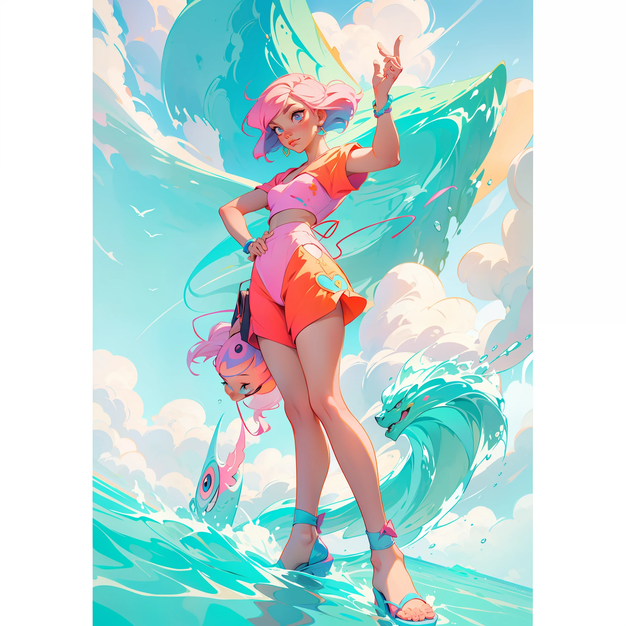 a woman in a dynamic pose wearing a beach wear, designed by Gucci::3, tumblr, inspired by Yanjun Cheng style, digital art, lofi girl internet meme, trending on dezeen, catalog photo, 3 d render beeple, rhads and lois van baarle, cartoon style illustration, bright pastel colors, a beautiful artwork illustration, retro anime girl --ar 2:3 --q 2