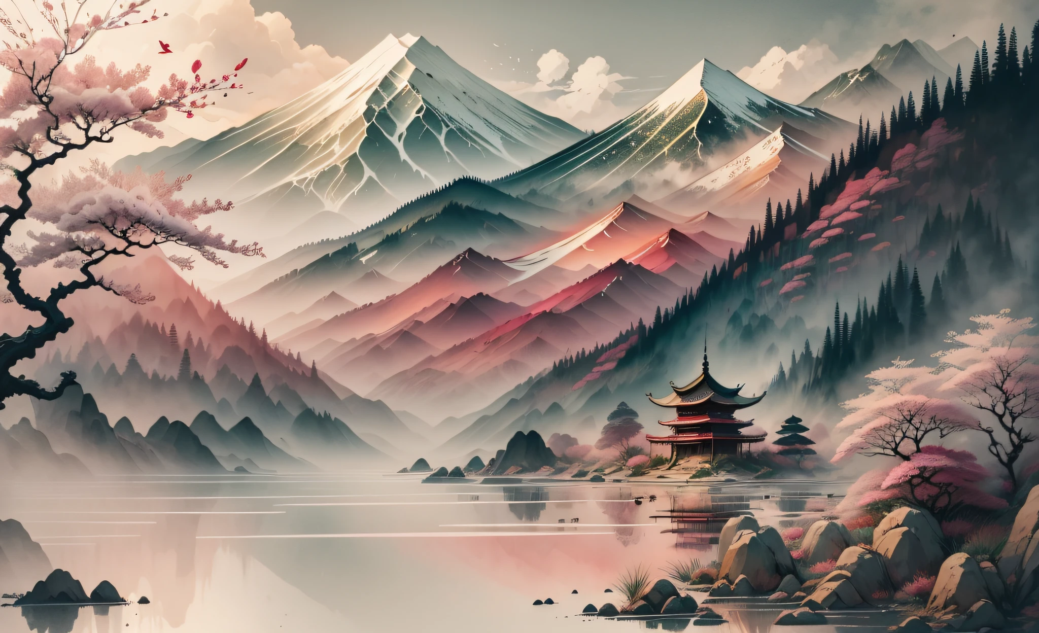 chinese painted landscape wallpaper and mountains, in the style of light gray and pink, jon j muth, spiritual landscape, cherry blossoms, minimalistic serenity, aquarellist, danh võ