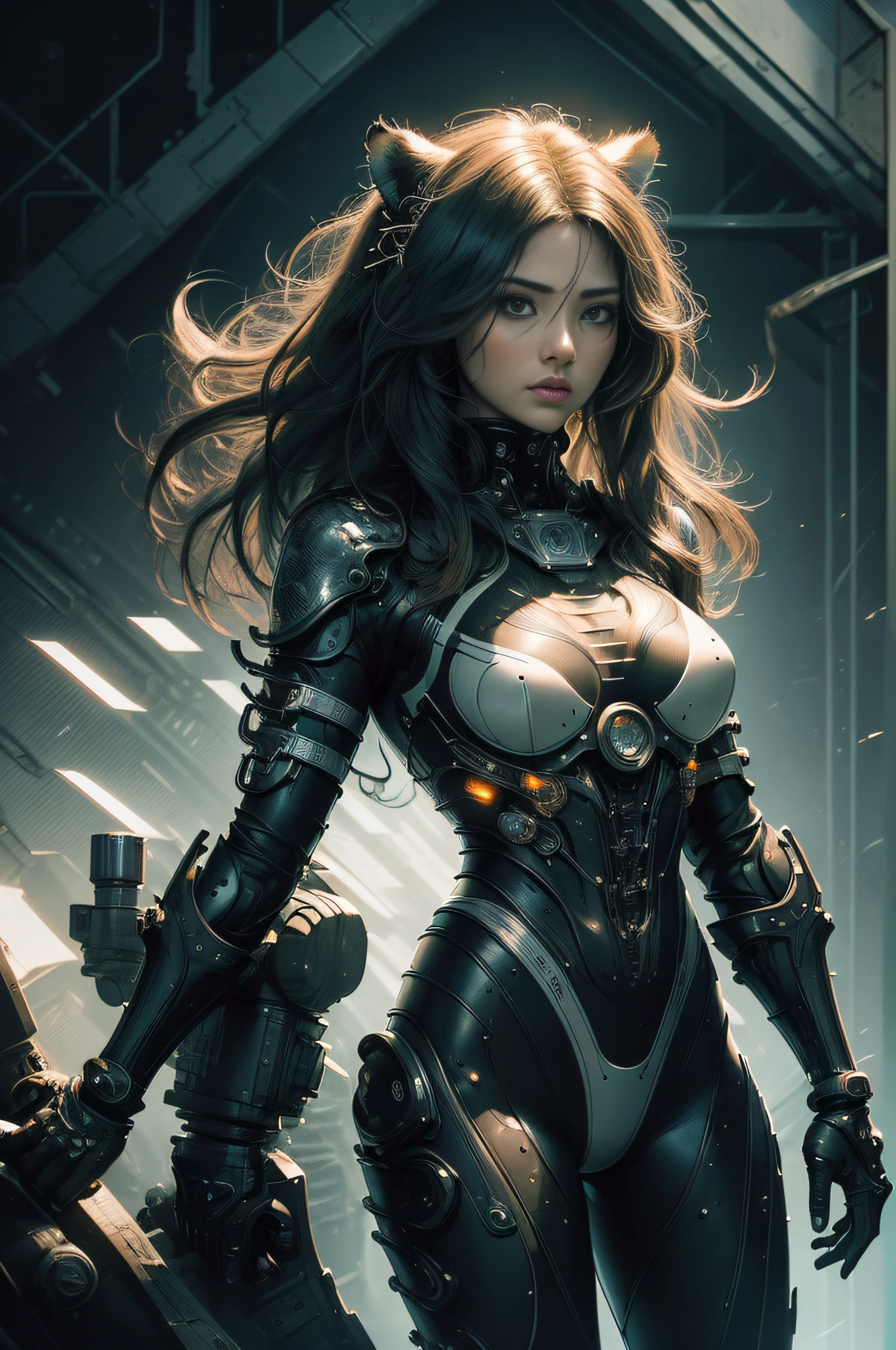 [Detailed illustrations, art based on extremely ideal anatomy, very detailed and detailed drawings, slow and delicate lines, realistic texture expression],((Color tressed main lines)),(Artwork with outstanding virtuosity),(Briefing room background),[(HENTAI) ANIME Girl Japanese Beauty Cyborg 17 years old (Wild hair)] Muscular (( KARATE)) Mechanical arms (V8 engine: 0.3),[Black leather jacket] ((Tiger: 0.6) (Translucent rubber inner)) (((Tiger stripe))),((Chrome coating:0.5))),(Science Fiction Mechanical Bioengineering),((Fine and beautiful skin expression (transparency)))),((Clear line of sight)),(Perfect eye details ( Beautifully drawn eyes))),(Beautiful perfect face (realistic face details)),((Beautiful hair details)),(Perfectly proportioned proportions)),(Design built to a high level,((Advanced structural understanding of materials)),Ideal color coordination),((Artistic decoration)) ((Dense details)),((Detail,High definition)),[( Ultra-precise detail),((Multi-layered texture)),HighQuality,High Resolution],((Accurate simulation of light-material interactions, understanding of air flow, mechanically correct representation)),(((Visual art with a sense of narrative)).