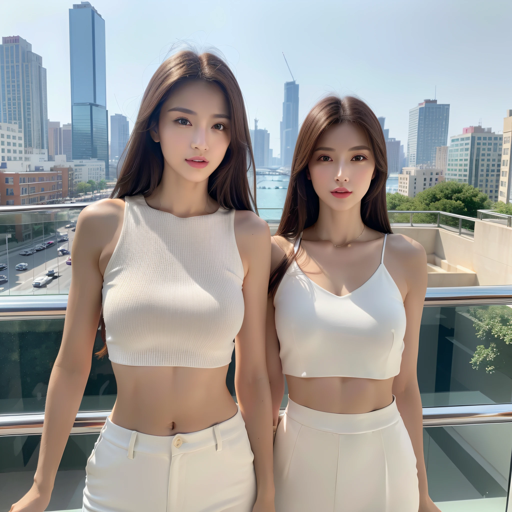 ((Realistic Light, Best Quality, 8K, Masterpiece: 1.3)), Clear Focus: 1.2, 1girl, Perfect Body Beauty: 1.4, Slim Abs: 1.1, ((Dark Brown Hair)), (White Crop Outfit: 1.4) (Outdoor), City View, Super Fine Face, Fine Eyes, Double Eyelids, Full Body Shot