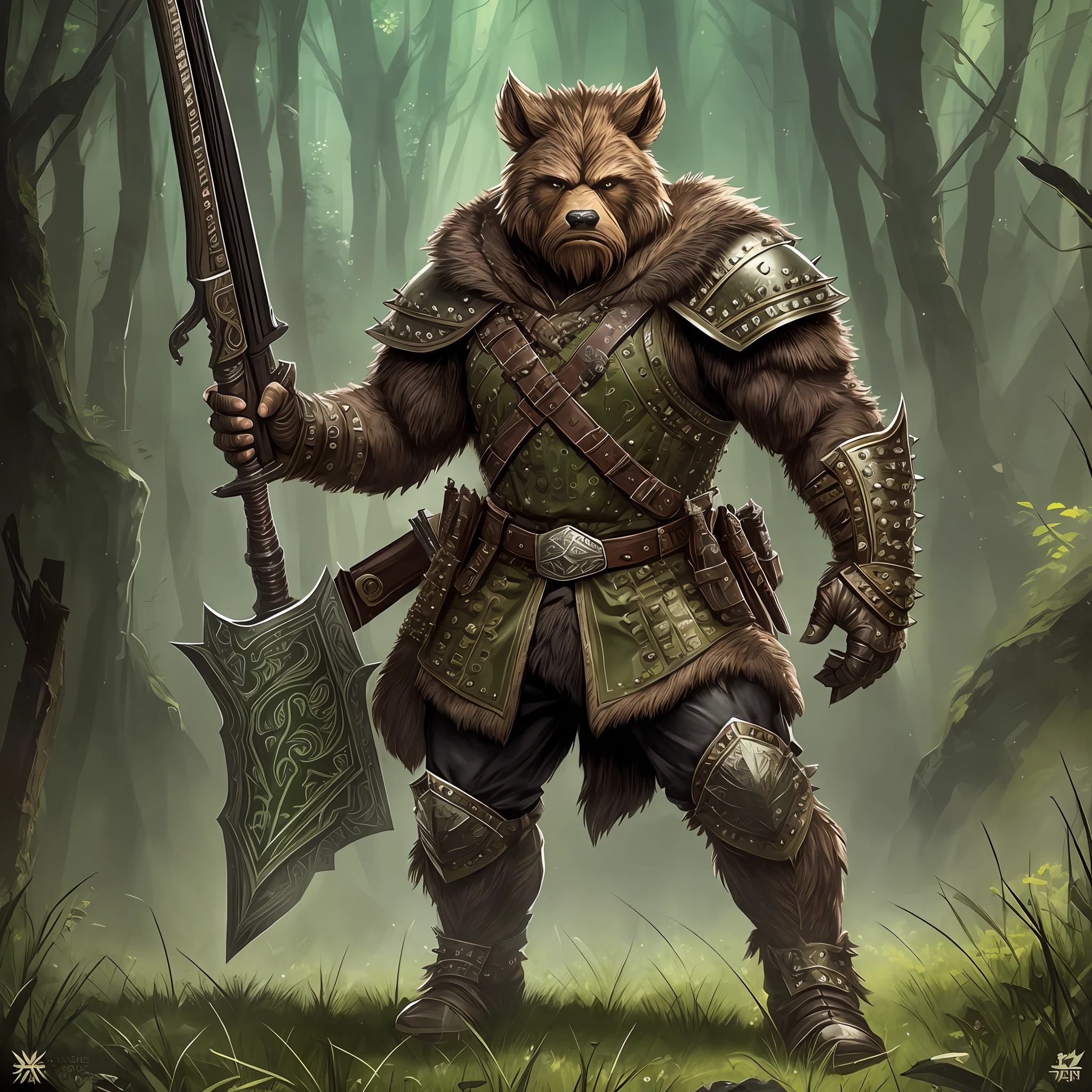 Full Body, Bugbear with short brown and mild features hair epic, intense details, Ranger armed with shotgun Masterpiece, intense details. Wearing studded leather armor and green cloak in fantasy urban background masterpiece, intense details. dnd art --auto --s2