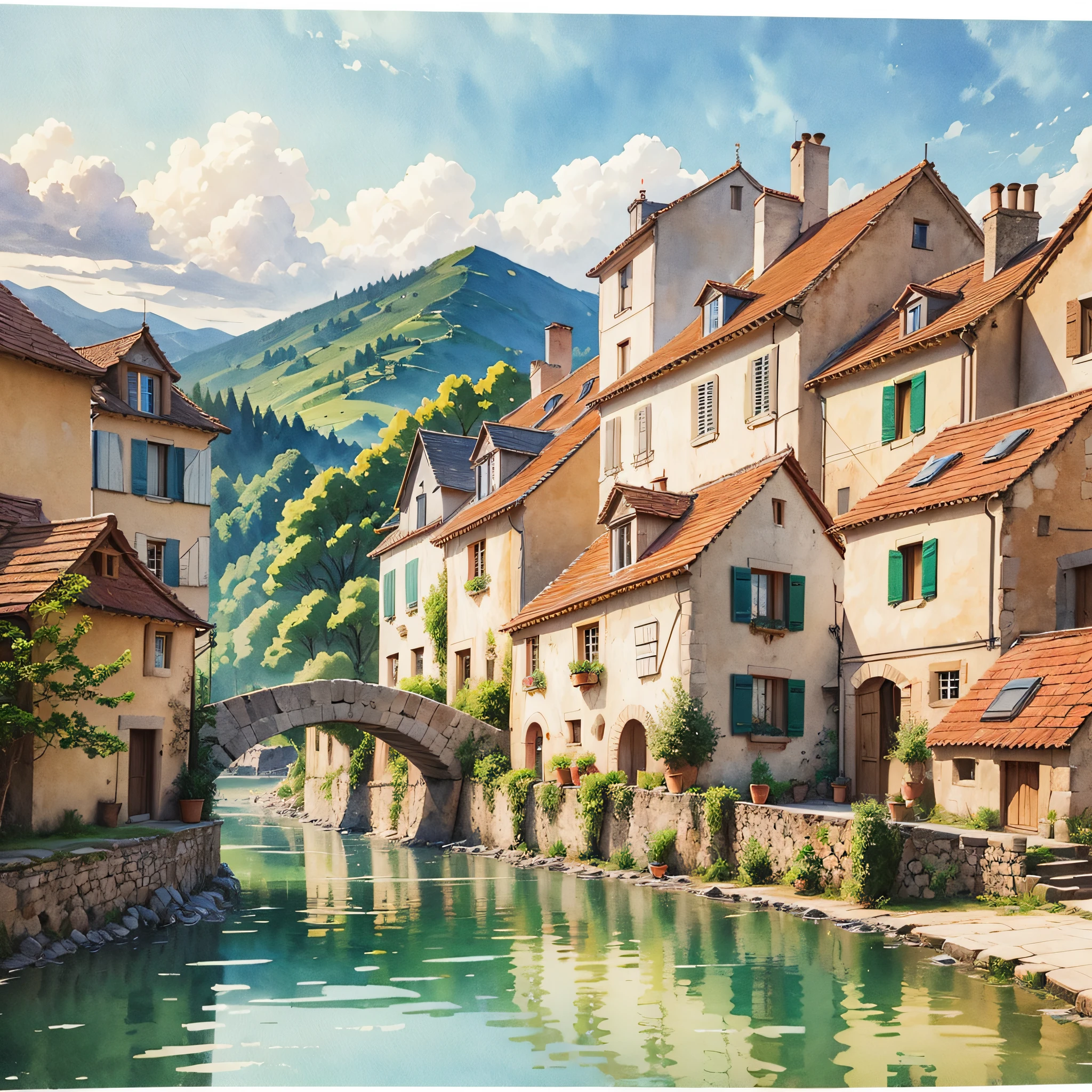 sketch of french village, watercolour --auto --s2