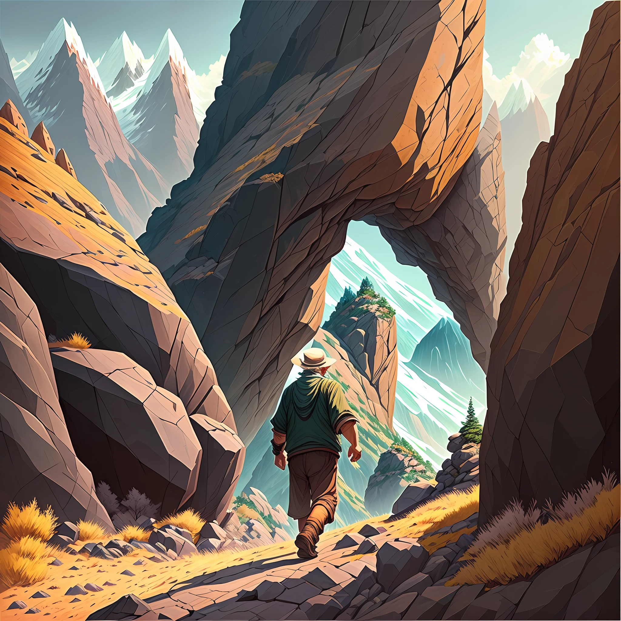 An exhausted old man pushes a gigantic rock up a mountain amidst magnificent scenery that evokes emotions of perseverance, strength, and struggle. --auto --s2