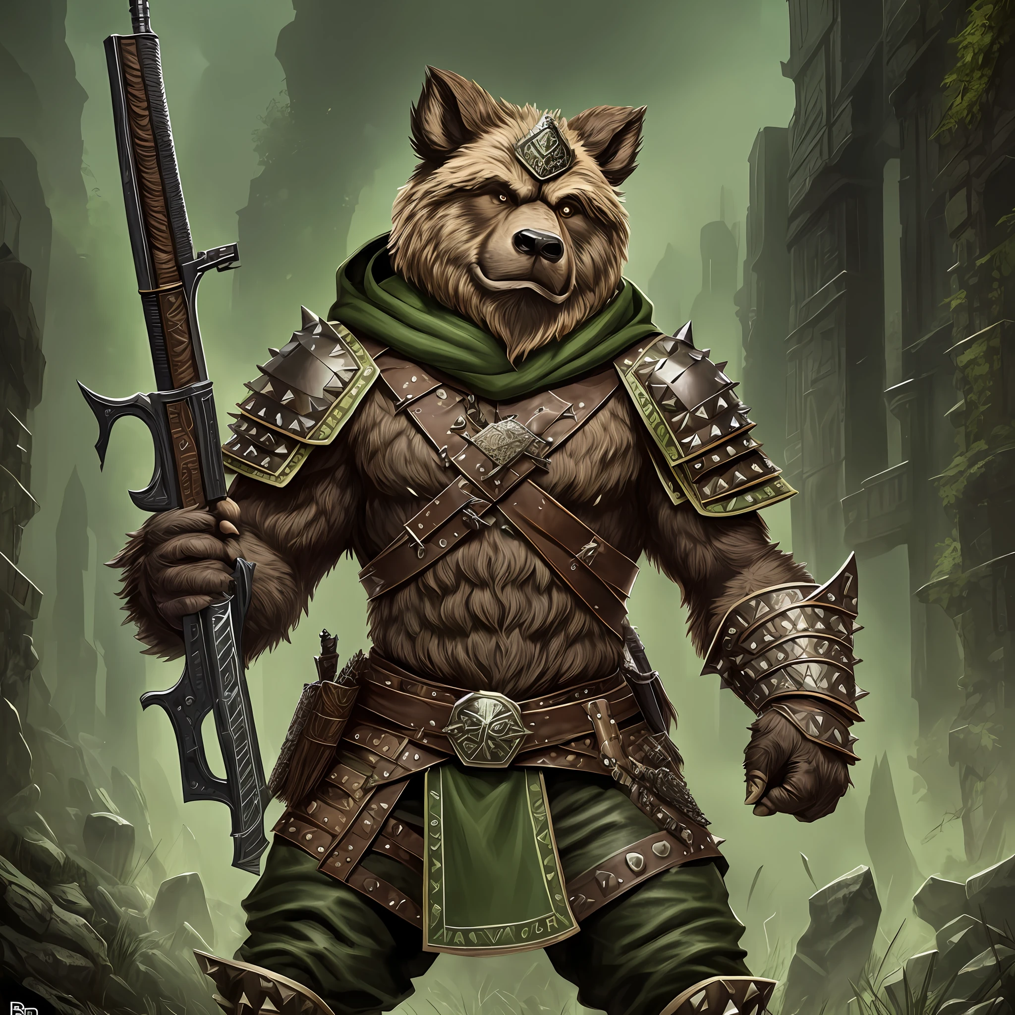Full Body, Bugbear with short brown and mild features hair epic, intense details, Ranger armed with shotgun Masterpiece, intense details. Wearing studded leather armor and green cloak in fantasy urban background masterpiece, intense details. dnd art --auto --s2
