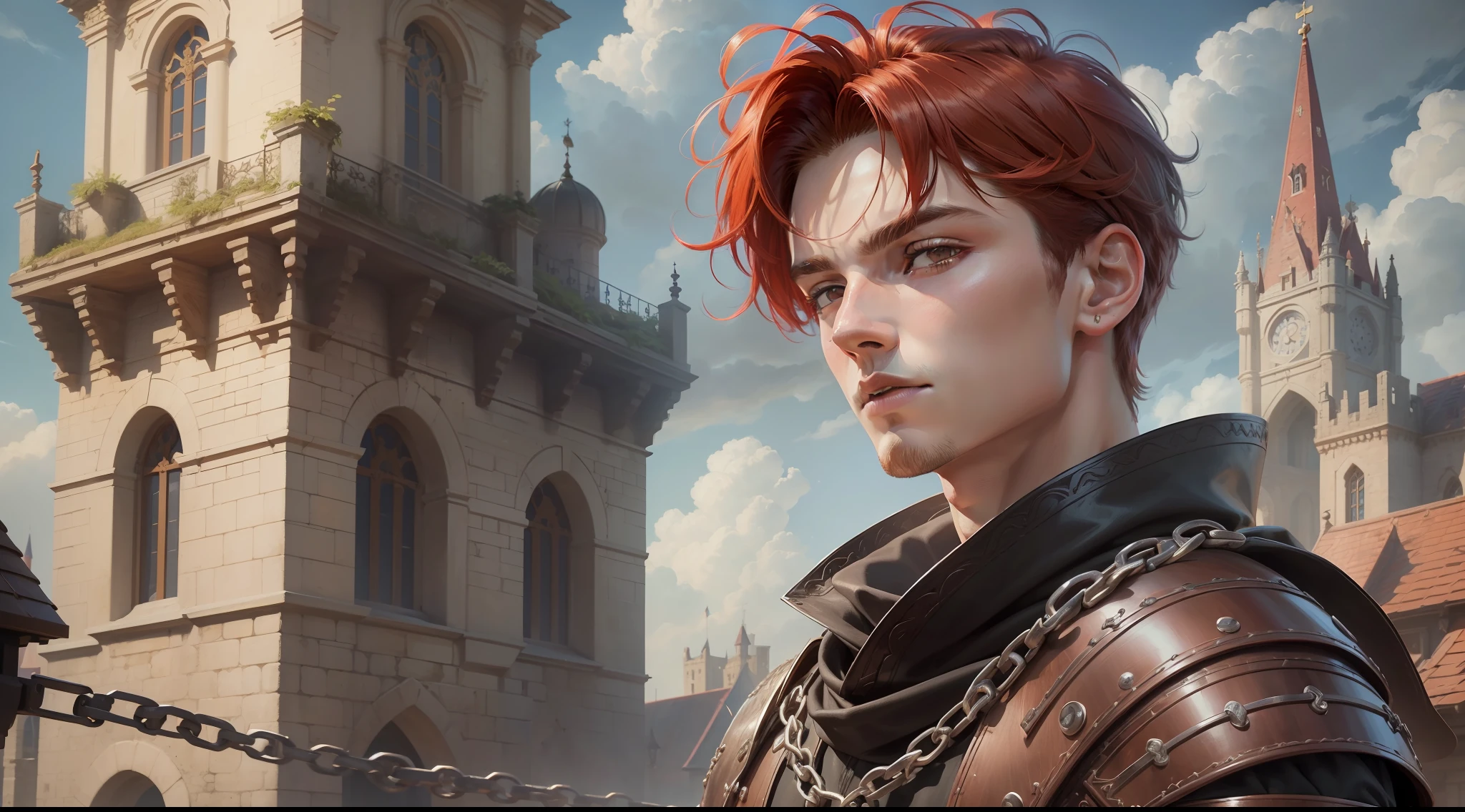 A young prince, 20 years old, adult, red hair, straight, short, fair skin ((best quality)), ((highly detailed)), masterpiece, ((official-art)), (brown eyes, confident look, male face, (man 1:33, solo), medieval clothing, bound by chains, dungeon, chained, perfect image, UHD, 8K