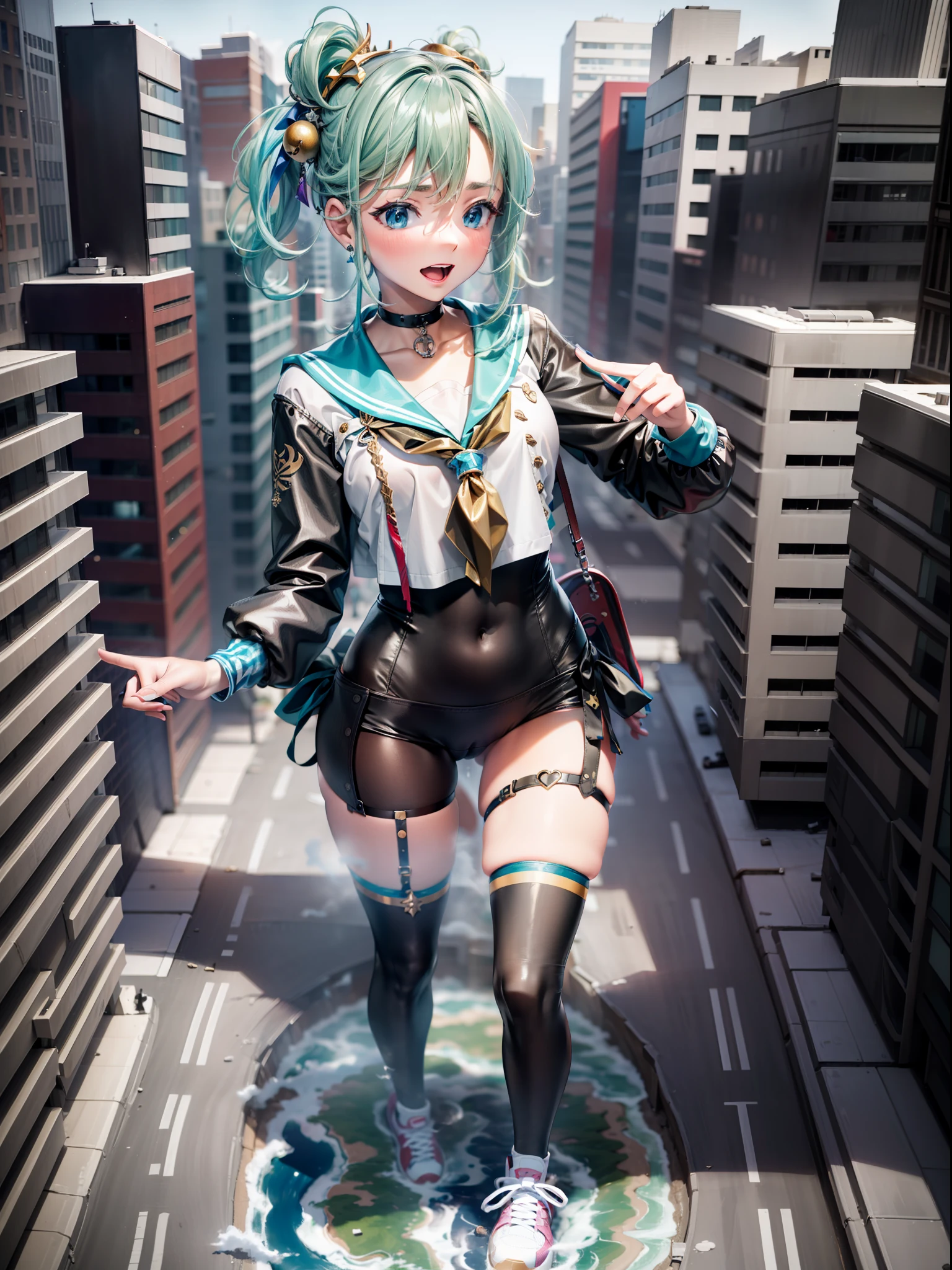 Top Quality, 1080p, Blue Hair, Short Hair, Fine CG, Maiden, Masterpiece, Messy Hair, Masterpiece, Happy Expression, Sailor Suit, Black Tights, Female, Detailed Face Depiction, (Giantess), City, Looking Down, Full Body, Sneakers, (Giga Size), Standing, (Very Small City Under the Girl's Body), GTS, (GTSgiga)