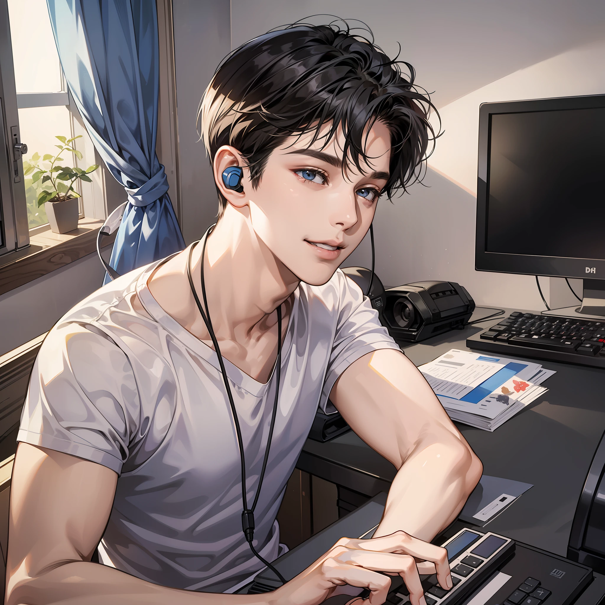 Masterpiece, high quality, best quality, HD, realistic, perfect lighting, detailed body, 1 man, short black hair, white t-shirt, smiling expression, wearing headphones, facing the computer monitor, in the room