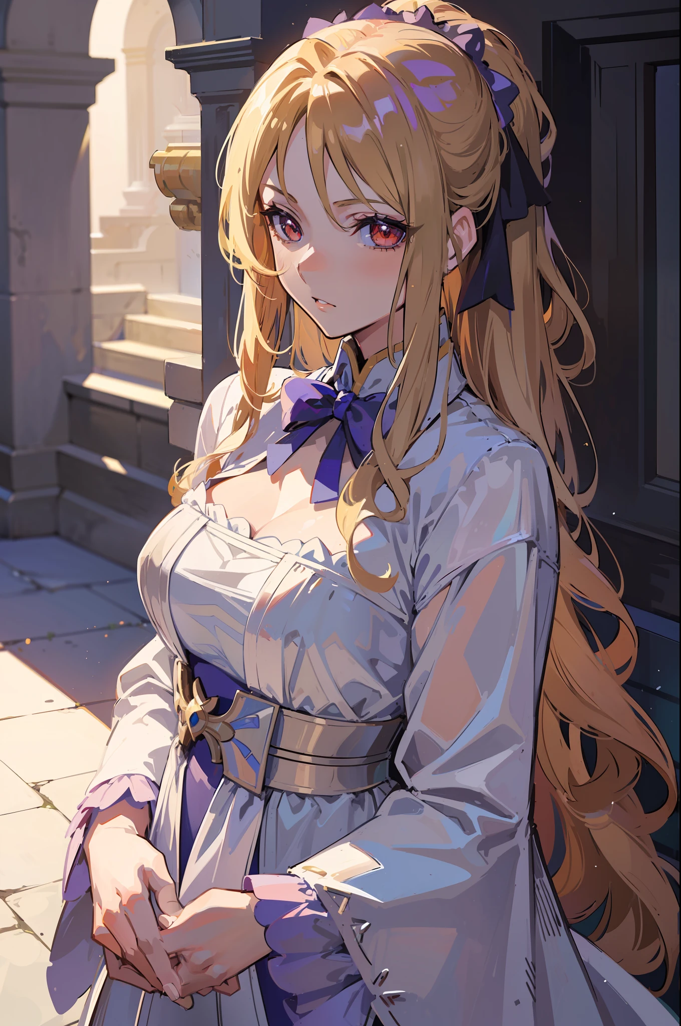 ((Top Quality, 8K,)) 1 Woman, Blonde Hair and Red Eyes Anime Girl, Anime Girl Named Lucy, Portrait of a Female Anime Hero, Female Anime Character, Zodiac Girl Portrait Knight, Altria Pendragon, Hajime Yatate, Symphogear, Giorno Giovanna, Cornelia from Code Geass, War Maiden Suvia, Small Luxurious black swimsuit