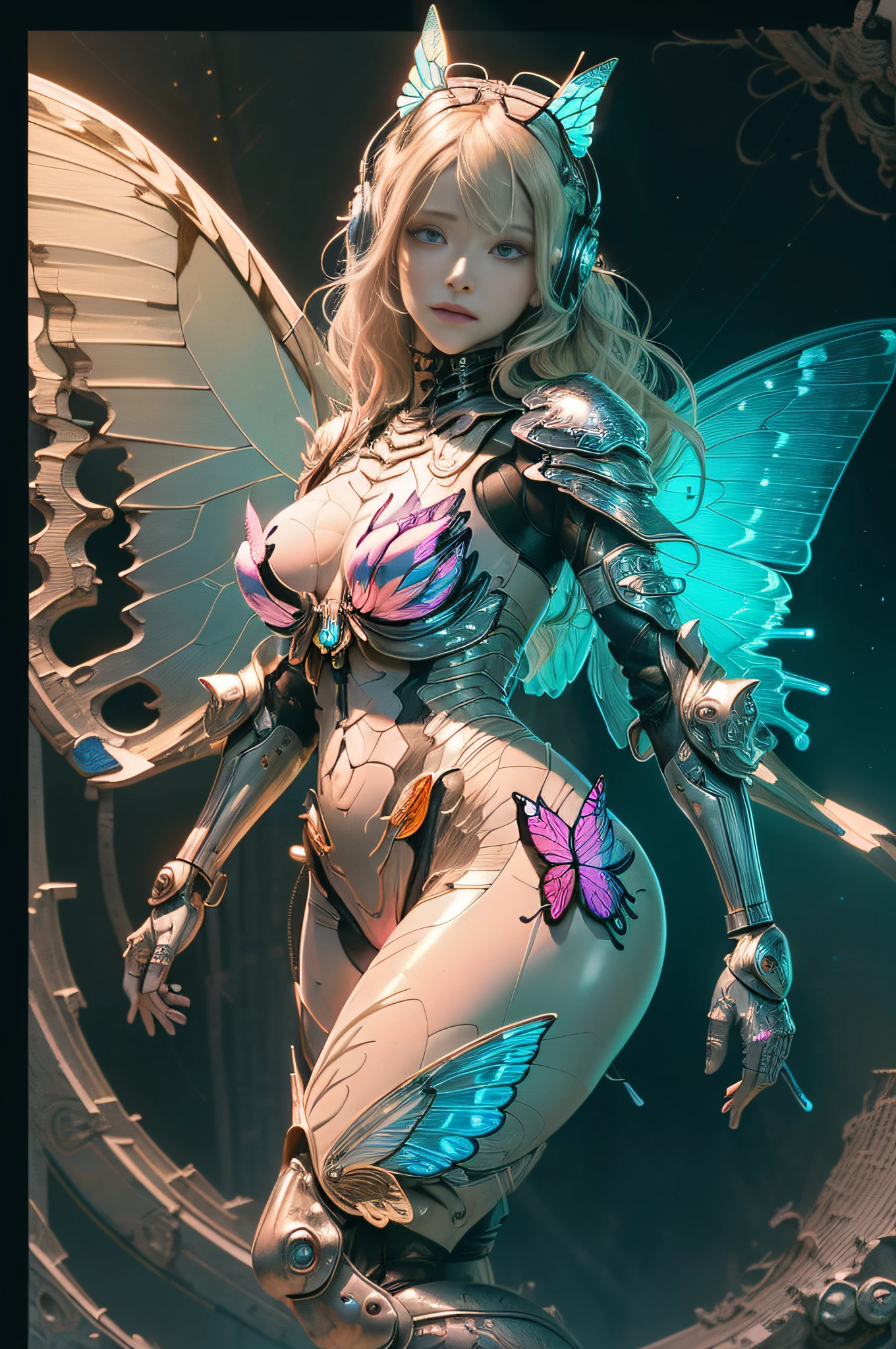 [Detailed illustrations, art based on extremely ideal anatomy, very detailed and detailed drawings, delicate lines with slow and urgent, realistic texture expression],(((Color tressed main lines)),(Artwork with outstanding craftsmanship),(Background of the laboratory),HENTAI ANIME [CYBERGirl Beauty ((SKINNY))  (Wavy platinum blonde)] Cyborg,(( Butterfly wings)) Magenta pink Papillon Cyber Armor Cyber Headset ((Transparent Material) Aurora Armor)),(Science Fiction Mechanical Bioengineering),((Fine and Beautiful Skin Expression (Transparency))),((Clear Gaze)),((Perfect Eye Details (Beautifully Drawn Eyes)))),(Beautiful Perfect Face (Realistic Face Details)),(( Beautiful hair details)),(Perfectly proportioned proportions)),(Design built to a high level,((Advanced structural understanding of materials)),Ideal color coordination),((Artistic decoration)) ((Dense detail)),(Detail,High definition)),[(Ultra-precision detail),(Multilayer texture)),HighQuality,High Resolution],(( Accurate simulation of the interaction between light and material, understanding of air flow, mechanically correct expression))), ((visual art with a sense of narrative)).