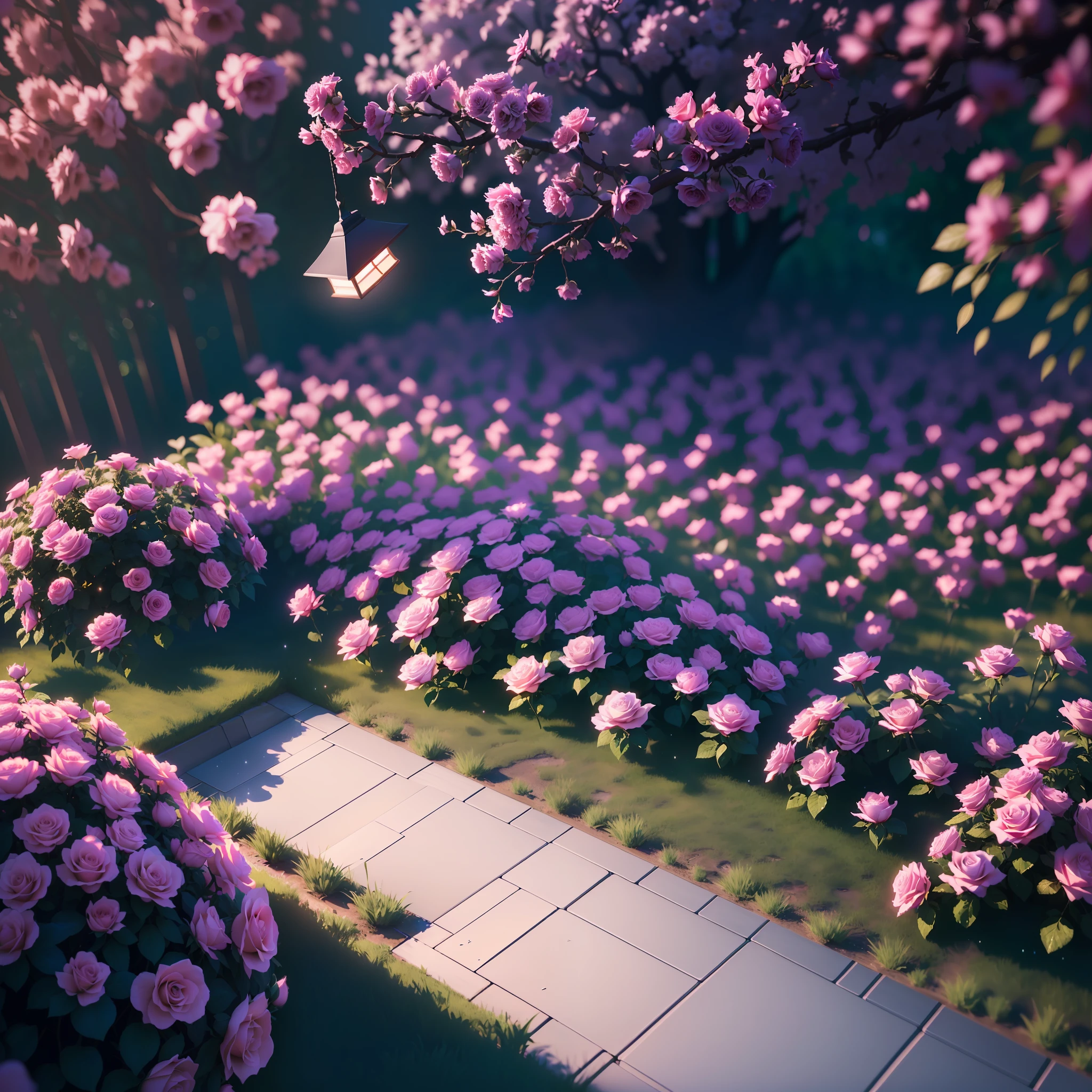 Masterpiece, best quality, rose garden with secluded night view, (very detailed CG unity 8k wallpaper), (best quality), (best illustration), (best shadow), rose theme with natural elements. Pink roses, quiet streams, surrounded by delicate leaves and branches, as well as fireflies and glowing particle effects, (natural elements), (rose garden), (leaves), (delicate flowers), (glow), (particle effects). , isometric 3D, Octane rendering, ray tracing, super detailed