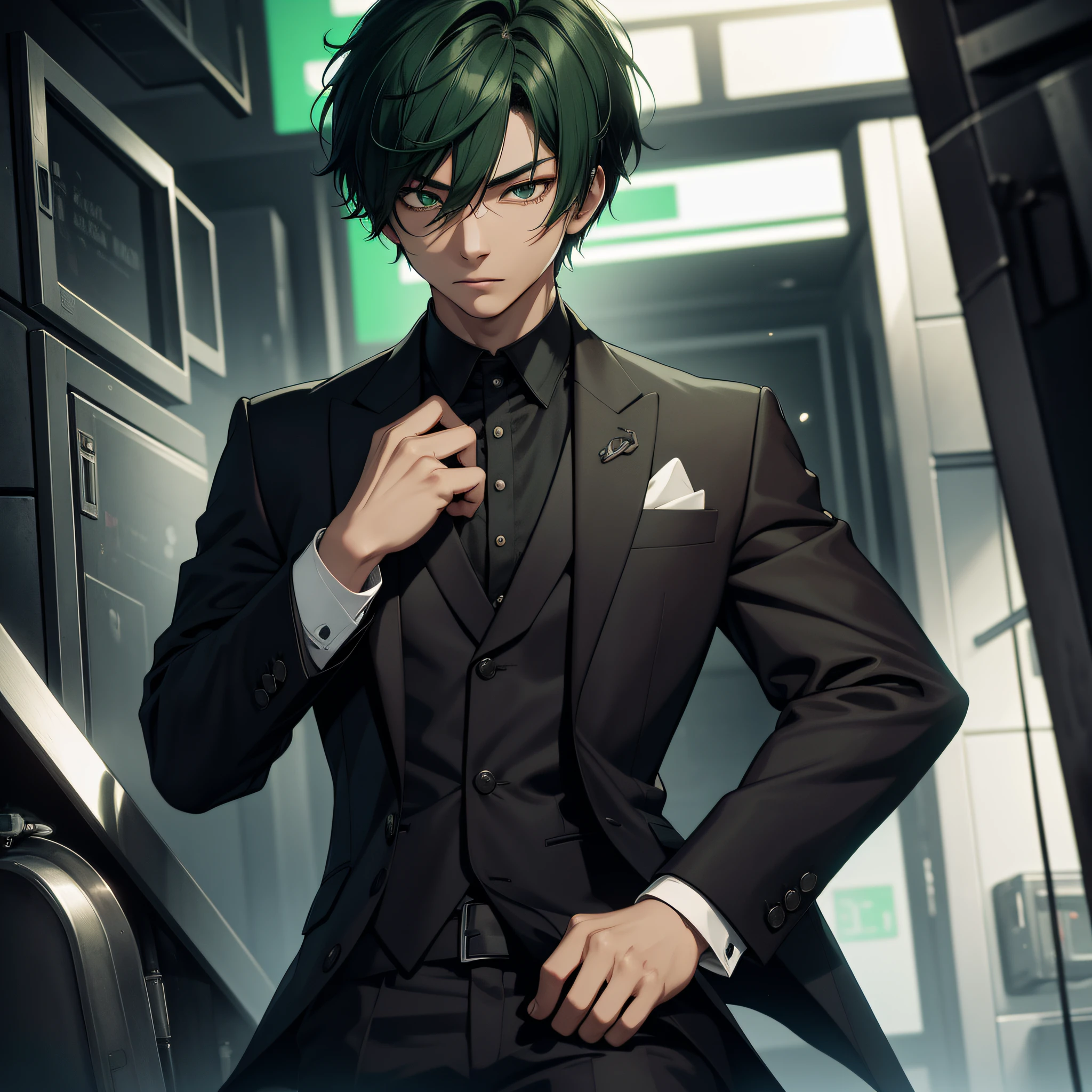 Absurd resolution, high resolution, (masterpiece: 1.4), hyper-detail, Asian, young man with short green hair, black suit, very black weird toilet, scared expression