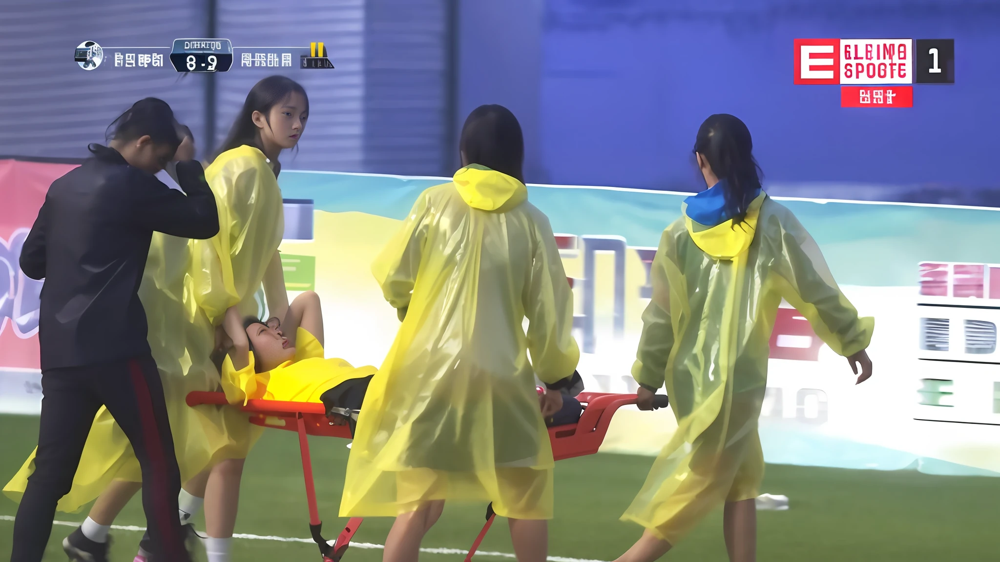 There is a man lying on a stretcher with his hands crossed over his face, a man in a t-shirt and sports shorts has crossed his hands over his face, the man has an agonised face under his hands, two longhairedponytailed women that are wearing very shiny coats, there are longhaired women wearing laquered puffy coats, longhaired women are walking in wetlook puffy coats, several women walking around a football field with an injured athlete on a stretcher, the injured athlete on the stretcher covers his face with both hands, the women look very worried, behindthe women there is a frightening atmosphere, there is heavy rainfall in the background, video still, behind the scenes, Malika Favre, screenshot, footage, 4 0 9 6, cover photo, aesthetic shot, dramatic mood, intense scene, Making of, Mongezi Ncaphayi, Thriller atmosphere, Filming, Edited, (8k, best quality, masterpiece:1.2), (realistic, photo-realistic:1.37), ultra-detailed,best quality, ultra high res, professional lighting, photon mapping, radiosity, physically-based rendering, cinematic lighting, clear sky,
soccer stadium, ,depth of field, sharp focus,sunbeam, good composition,(bokeh:1.2)
1girl,solo,(full body), (closed mouth),beautiful detailed eyes, pose, narrow waist, girls in rainwear, rainwear-girls, girls carrying a stretcher on a sports field, ,
black hair,messy hair,long hair floating in wind,(ulzzang-6500:1.2), pantyshot, (raining, see-through, wet shirt, wet hair, wet clothes:1.2),