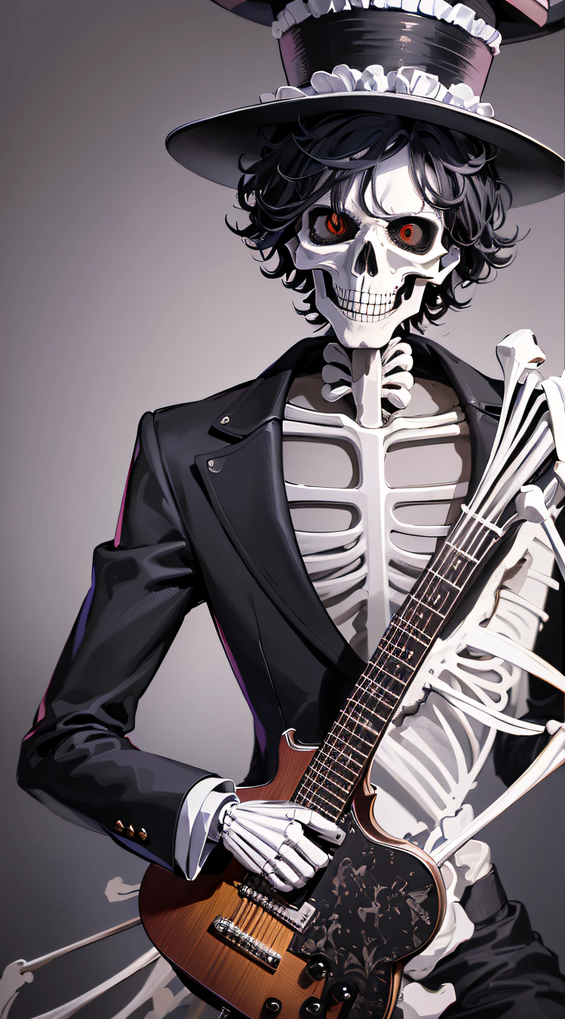 masterpiece, best quality,8k,highestres, absurdres, extremely detailed, brook\(one piece\), afro hair, black hair, solo, looking at viewer, an extremely tall skeleton dressed in formal attire complete with top hat and guitar, ((skeleton hands and body)),///,