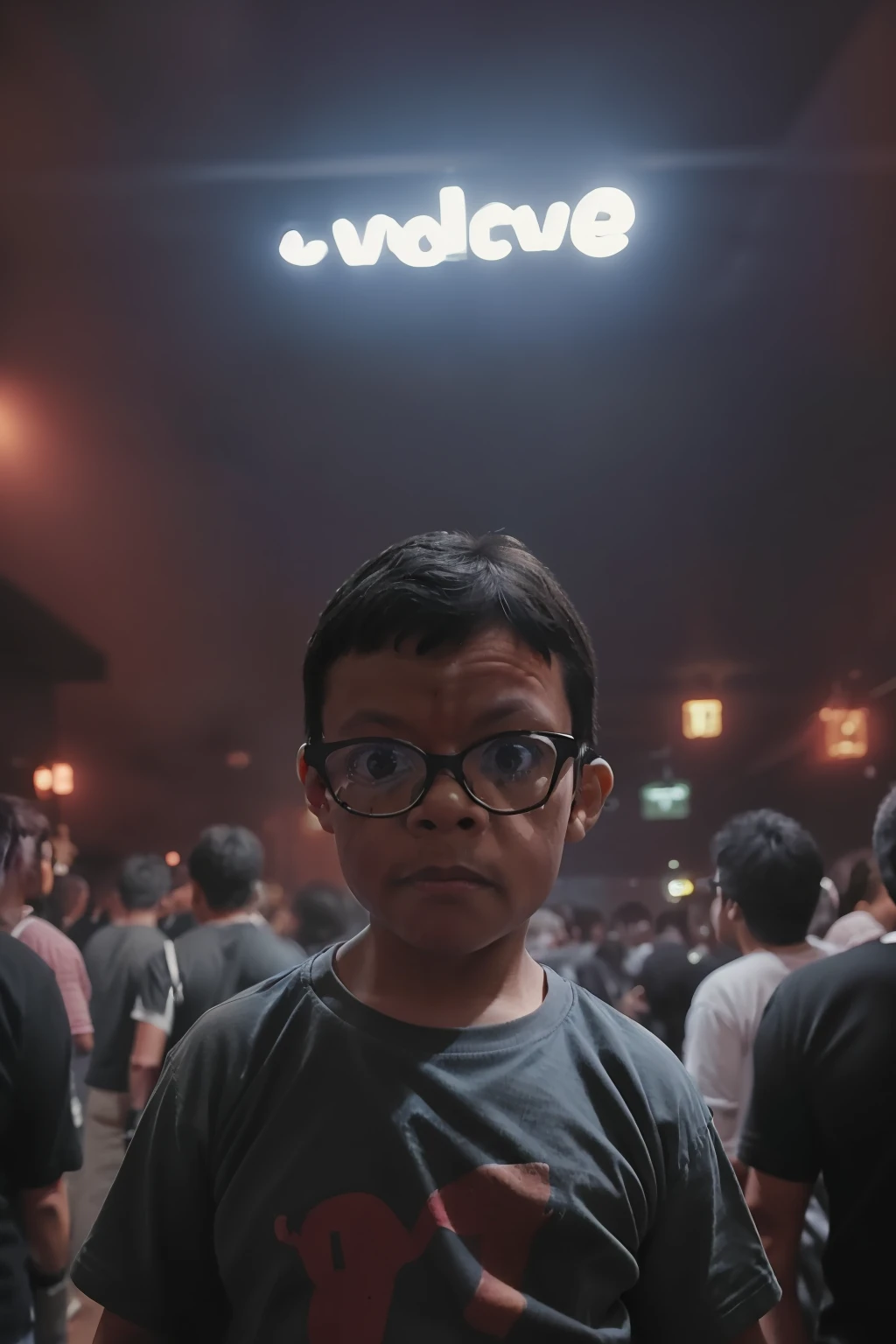 guttonerdreliberate1, DSLR photo, (9 0 s), (((night)), (((3 year old boy with glasses)))), face defined, dancing, Raw photo, nightclub, underground, crowd, industrial, colored light, hip raised, aggressive, faded, detailed skin, (dark makeup: 1.12), happy , pores, wrinkles, (muscle definition:0.9), (abs:1.1), hard eyes, elaborate, crowds, soft lighting, realistic, strong shadow, masterpiece, best quality, Intricate,  High Detail