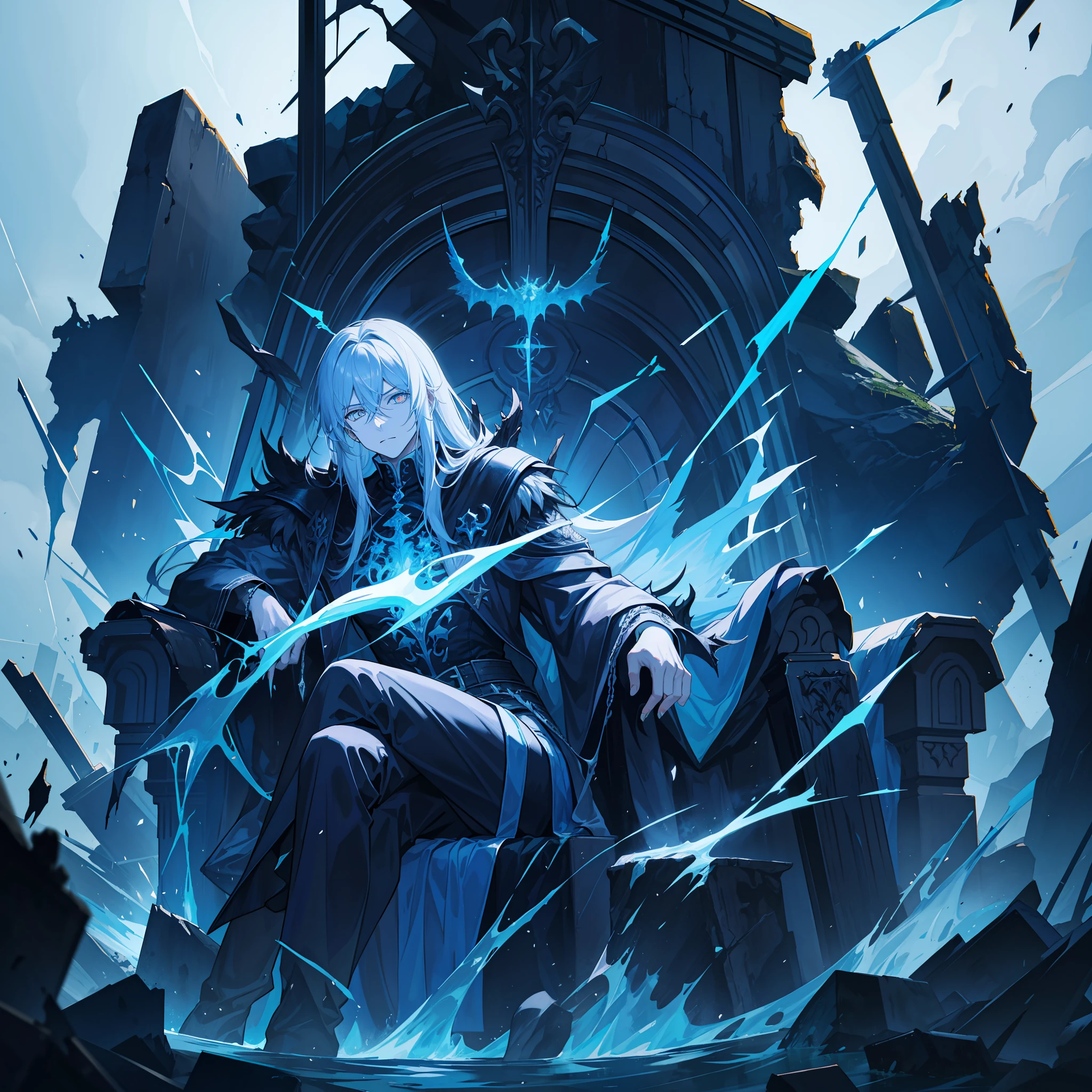 A destroyed king, with broken flesh wings, with eyes dark as darkness, with a cyan blue aura around him, sitting on a throne
