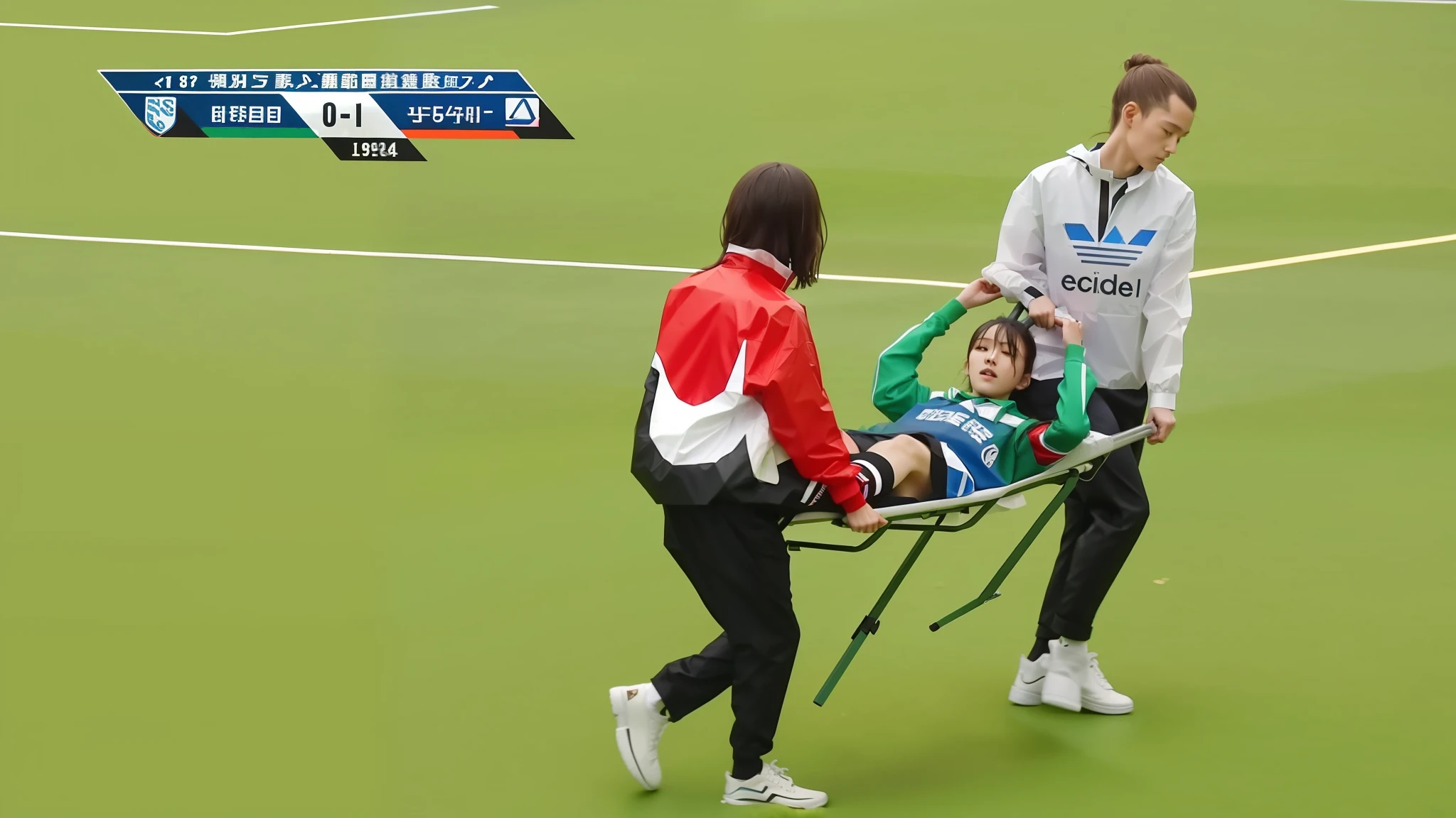 there is a boy being carried on a stretcher by a two longhaired and madeup schoolgirls, two girls are carrying a stretcher, a shorthaired man is lying on a stretcher, a wounded man is evacuated on a stretcher, two girls in plastic-suits carry a bearded man on a stretcher, there are schoolgirls in very wet rainsuits, injured, mobile, 2263539546], unknown, b - roll, ouch, gif, special, trailer, highlight, fukaya yuichiro, exploitable image, shaky, tight shot, over-shoulder shot, looking partly to the left