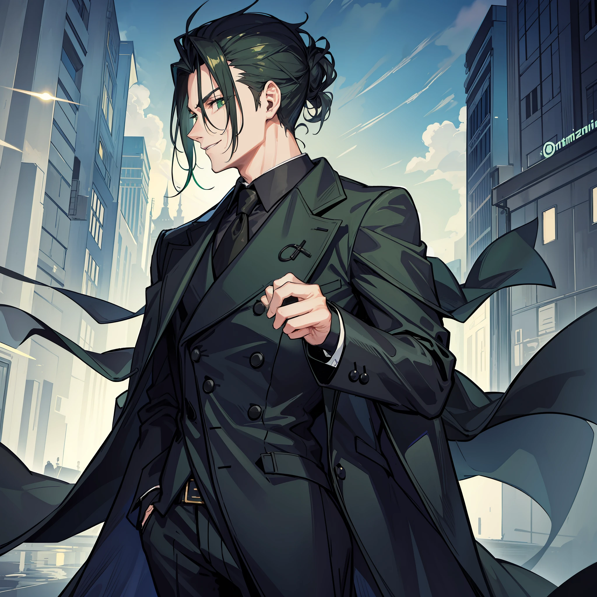 A man in a black overcoat, hair up to his neck, green eyes and with a piscicopathic smile