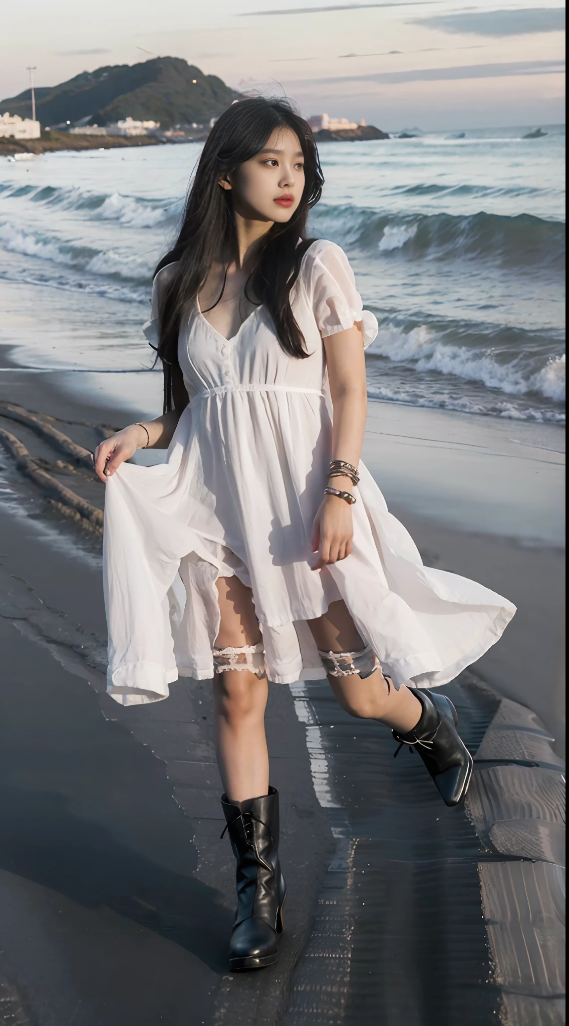 (A girl: 1.3), long black hair, standing, facing the observer, wearing a black dress with black high-heeled boots, outdoor, seaside, beach, sunset, girl tall, beautiful, slightly chubby, dressed conservatively, mature, small neckline, short sleeves