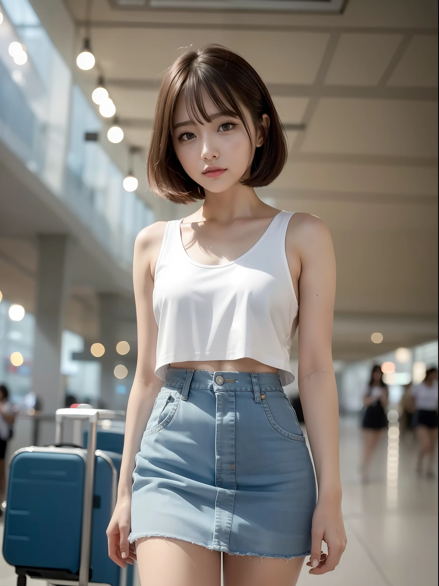 ((Best quality, 8k, Masterpiece: 1.3)), Sharp focus: 1.2, (1 AESPA girl: 1.2), beautiful face girl with cellphone, cute face, age 24, small breasts, flat chest, brunette short messy hair, walking, white shirt, camisole, skirt, airport, terminal, station, sunlight, kindness, cinematic lighting, (8k, masterpiece, best quality, raw photo)