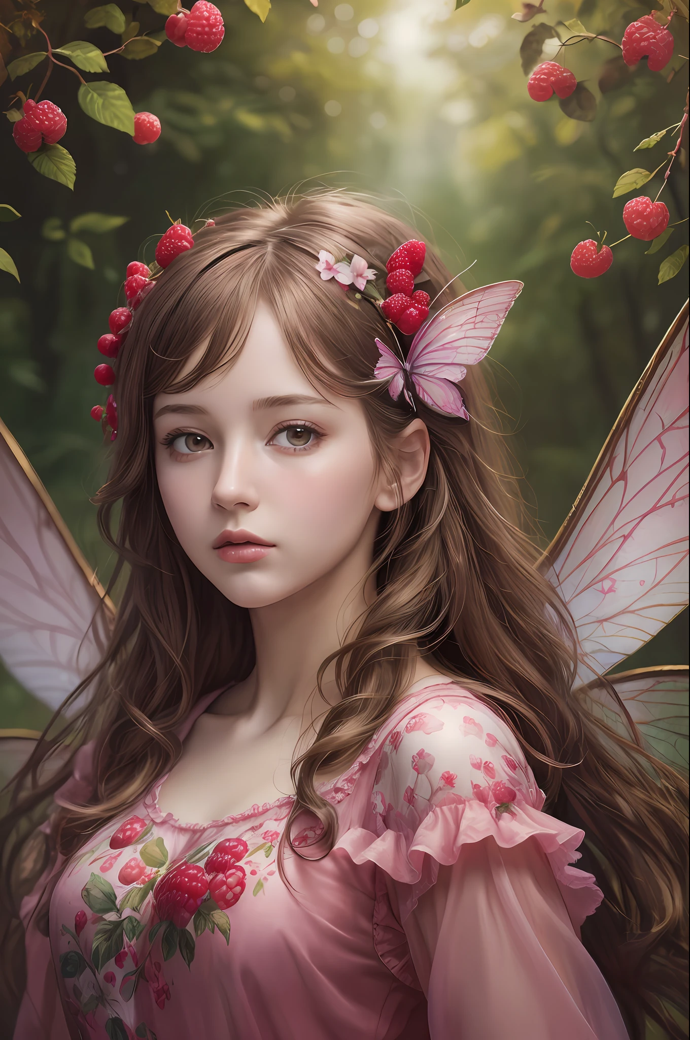 ( Absurd, High quality, ultra-detailed, masterpiece, concept art, smooth, highly detailed artwork, hyper-realistic painting ) , girl, raspberry girl, Raspberries, cute, upper body, Romantic, Vivid, dreamy, fantasy, fairy wings, in the forest, enchanting glow, very detailed art