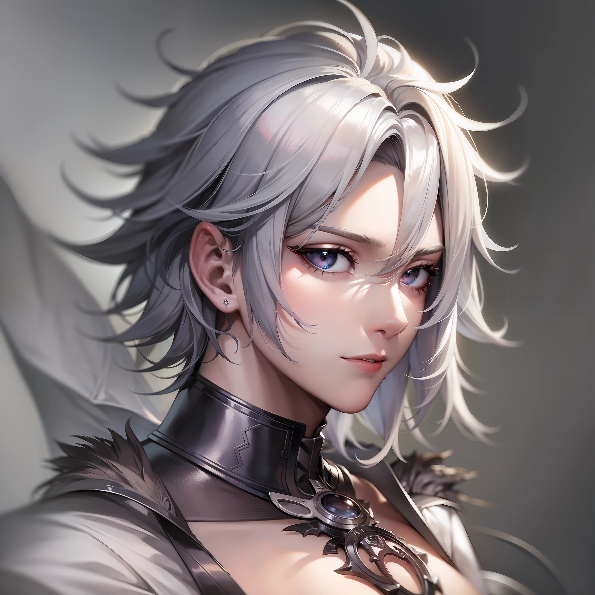 (Masterpiece) 8K resolution, wolf man beautiful boy, silver short hair and ash gray eyes, fantasy style,