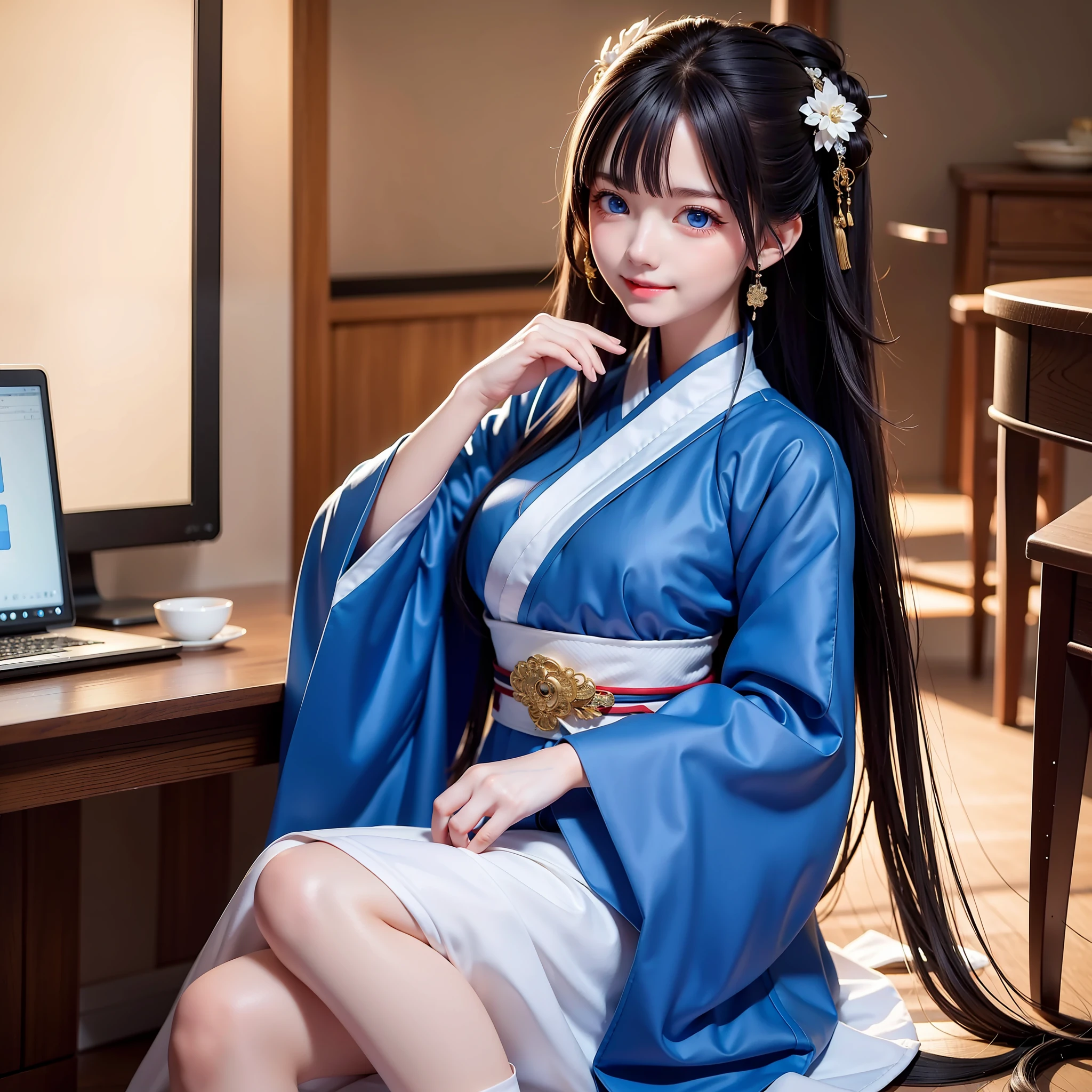 A 16-year-old girl, big blue eyes, long black hair, smiling, Hanfu, sitting, looking in front of a computer screen, in the room