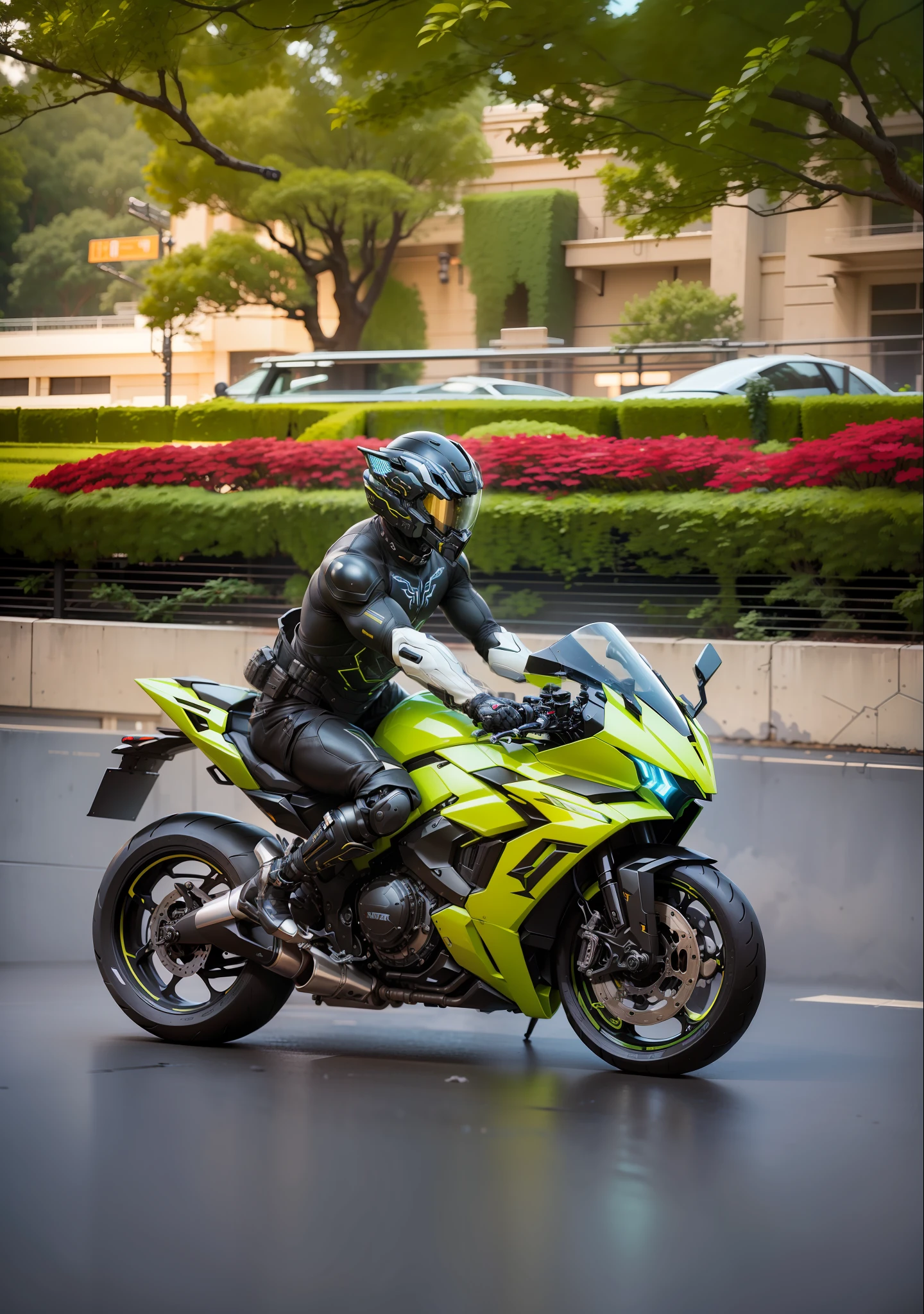 Cyber Male Warrior and Cyber Mechanical Motorcycle, Full Body Mech and Cyber Helmet, Exquisite Black Tech Helmet, Nousr, Biomechanics, MSHN Robot Man, High Tech Helmet, Hyperreal, Steel, Intricate Design, Crazy Detail, Fine Detail, Extremely Clear Lines, Cinematic Lighting, Photo Realistic, Detailed Masterpiece