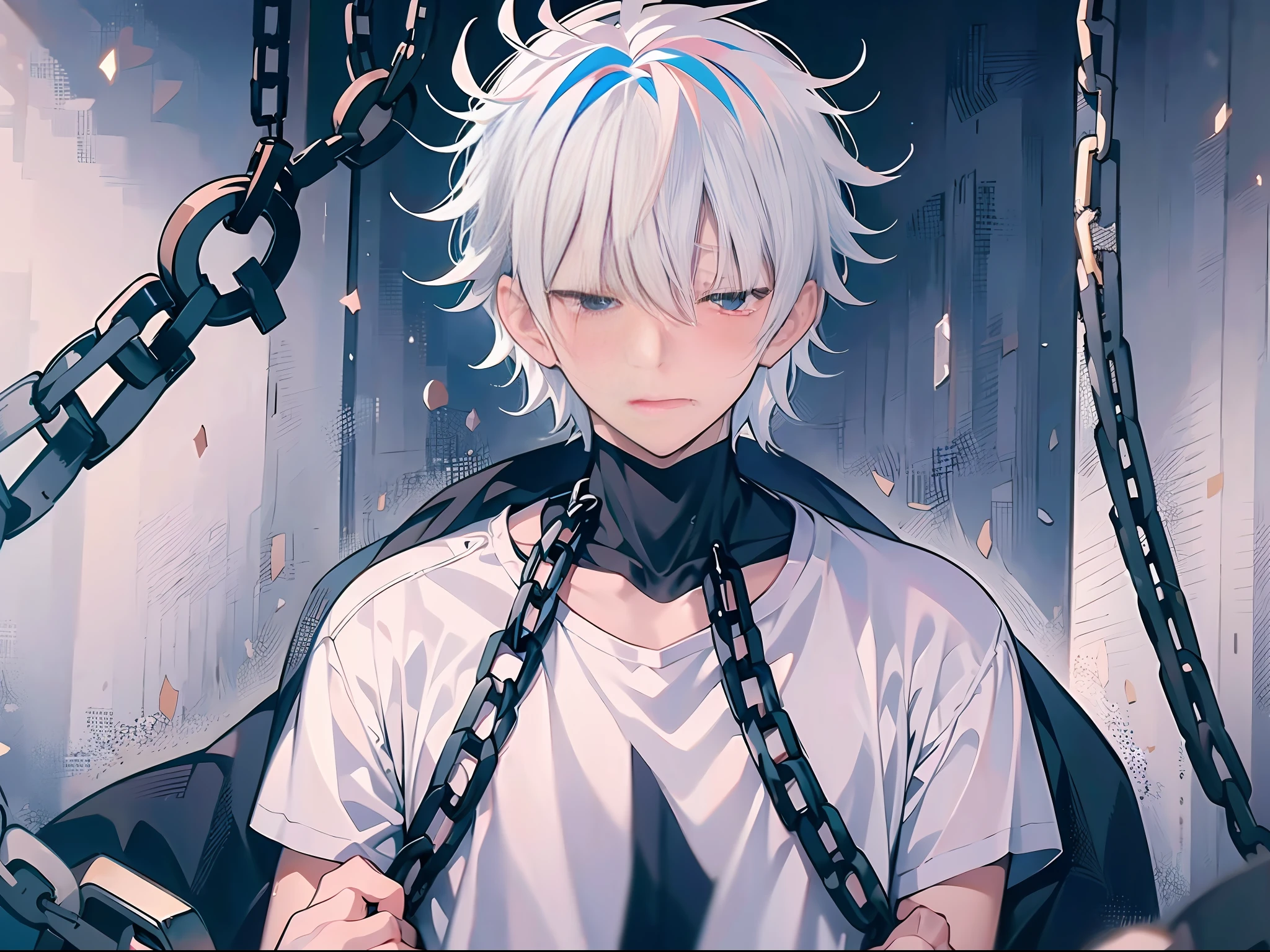 (Anime wind + soft cute) boy, white hair, white shirt, sadness + crying, ground + vista, tears. Bound by chains, hands touching the iron chains around his neck, there were others behind them