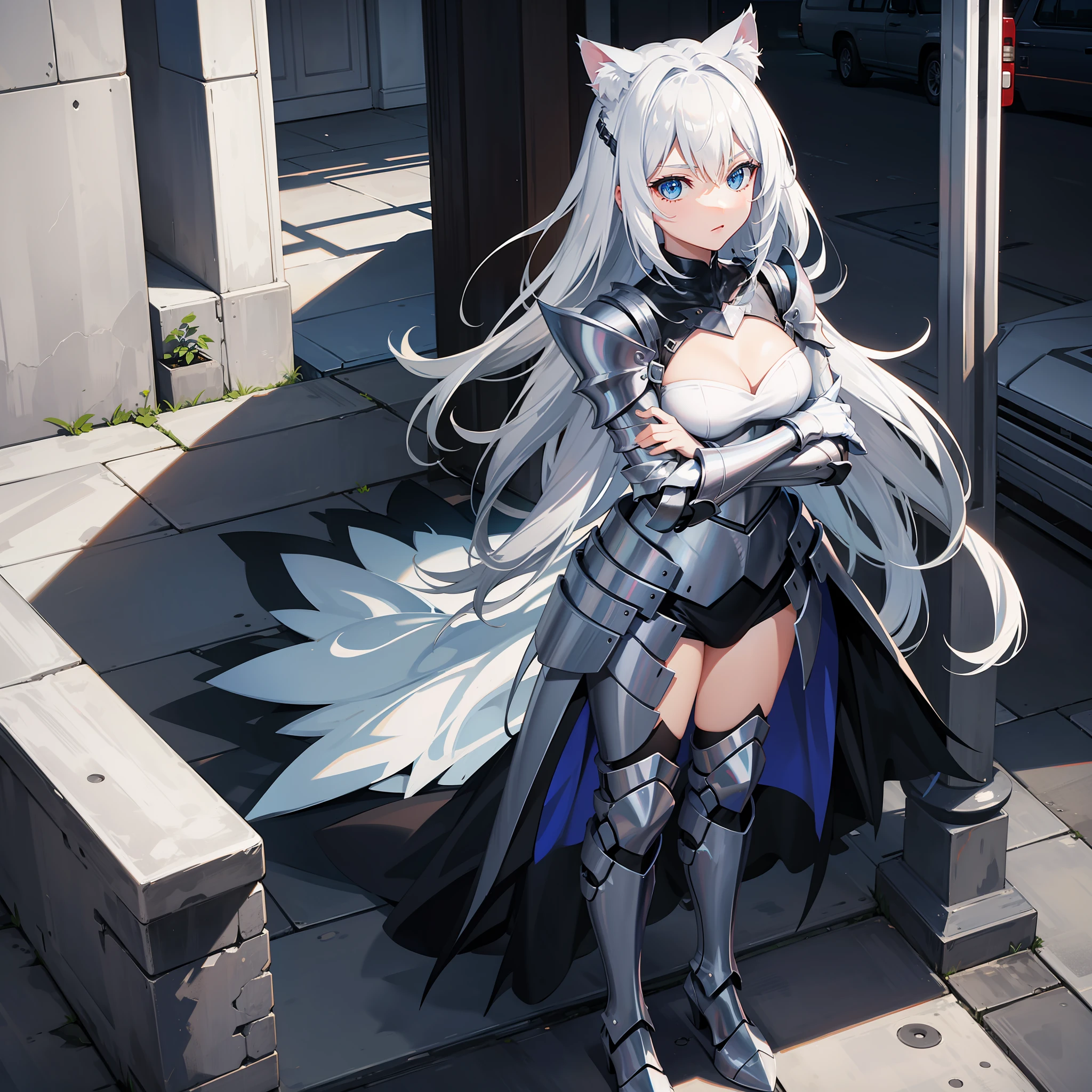 cat girl, knight armor, silver boots, silver hair, blue eyes