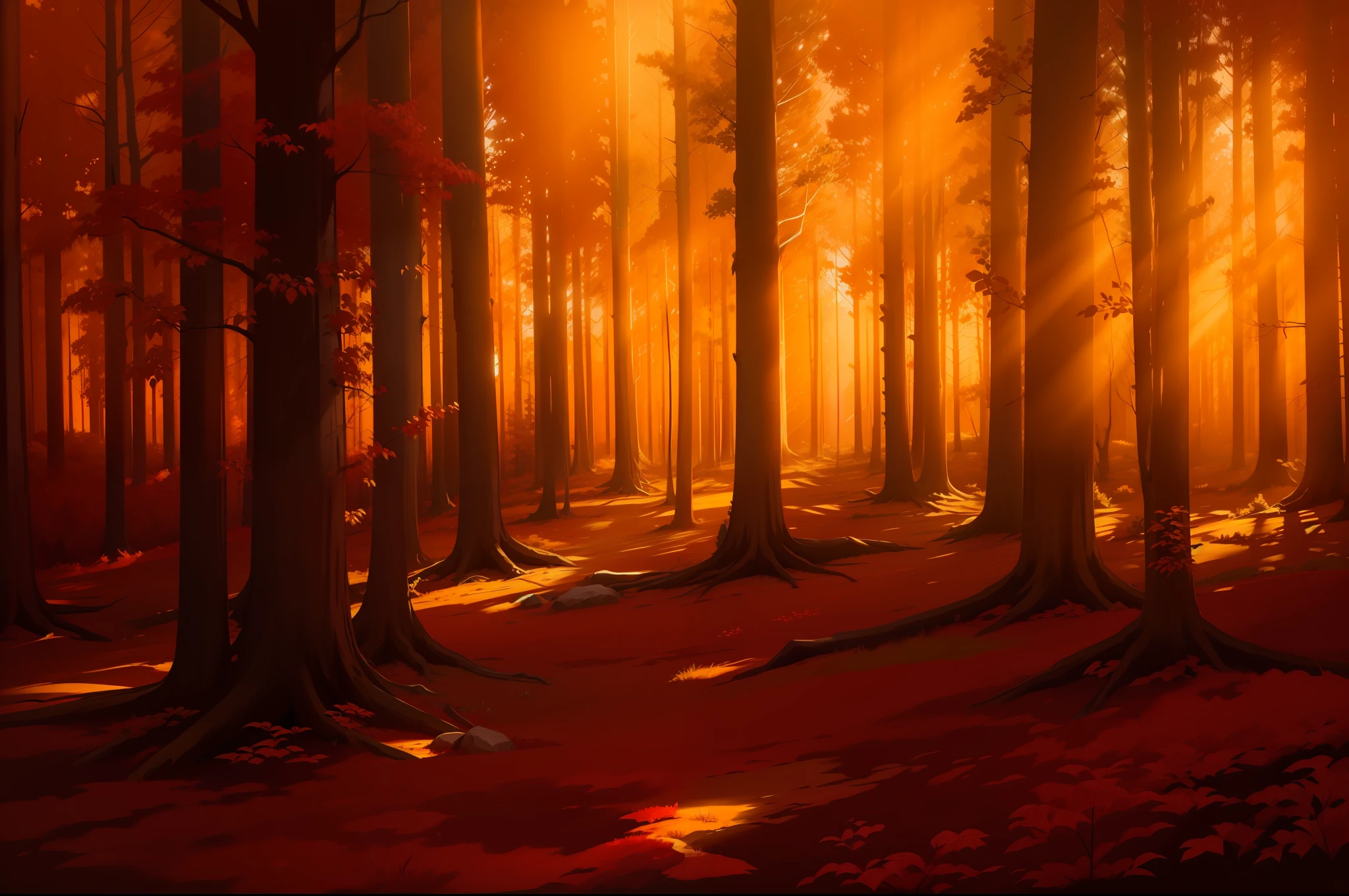 Below the golden orange sky, a forest with giant trees with bright silver leaf, and red grass and red pastures on the ground.