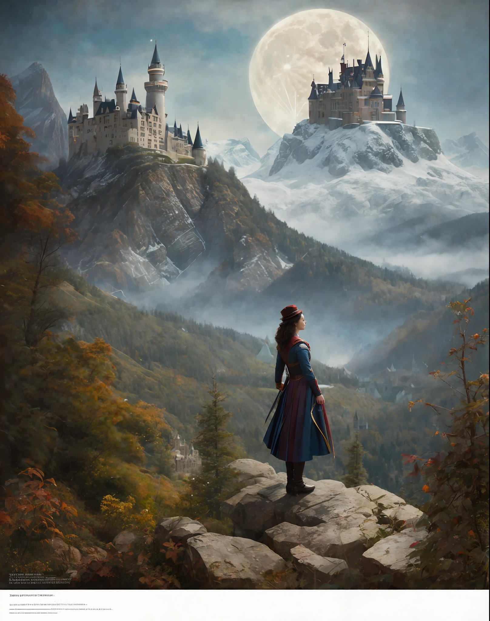 a woman queen ice, realistic photo of a castle on a hill with a full moon in the background, cgsociety, fantasy art,  fantasy, fantasy, epic hyper-detailed masterpiece ultra-wide, cinematic still , glamour hyper shoot , bokeh, pre-raphaelite, photo, realistic,  35 mm, photography , 8k resolution , 8 k, cinematic lighting,  photographic, Eastman Kodak Color Negative film 5251 50T shot on panavision super , art by  Bagshaw Tom, stanley, greg rutkowski, thomas kindkade, norman rockwell