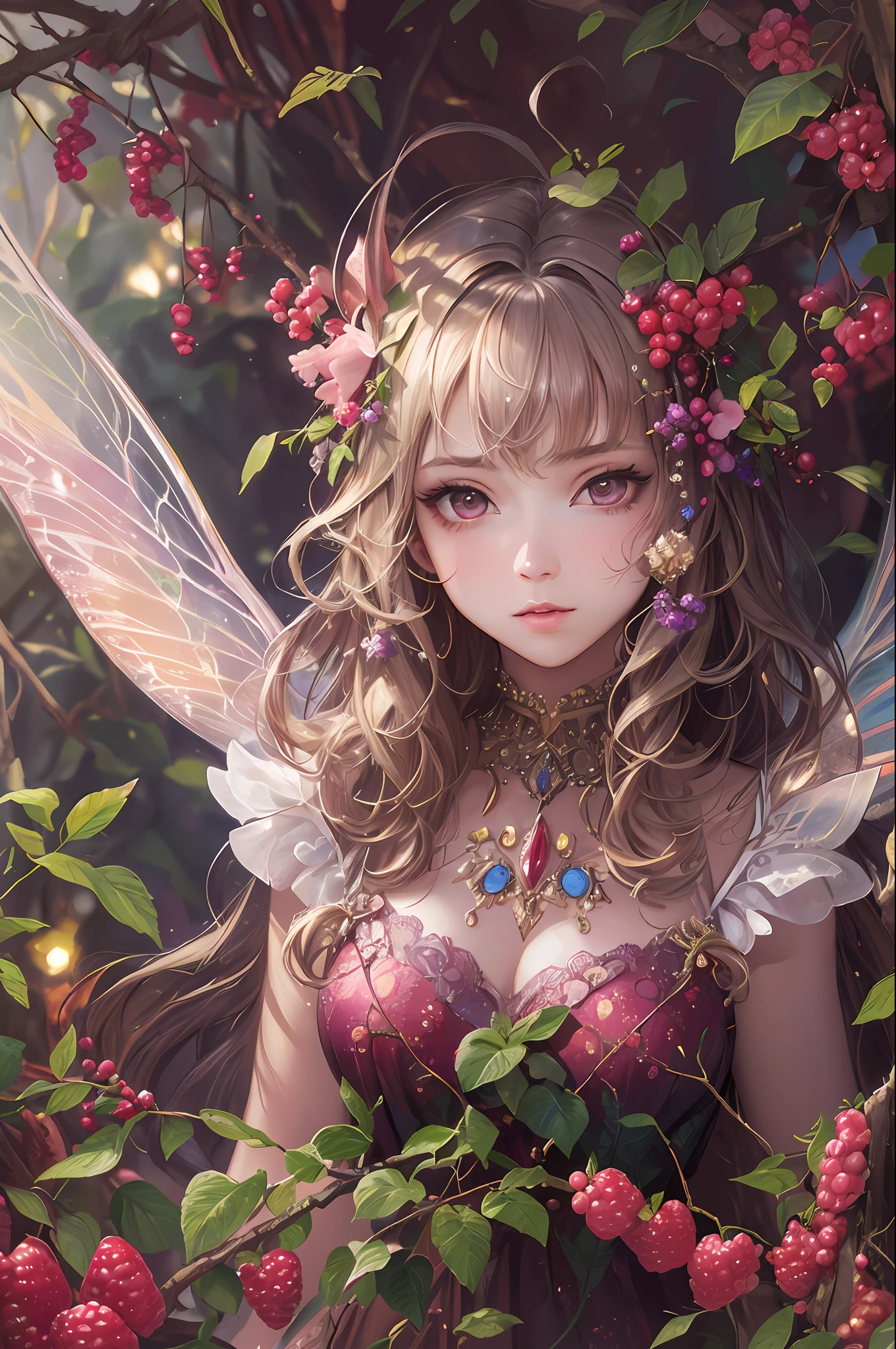 ( Absurd, High quality, ultra-detailed, masterpiece, concept art, smooth, highly detailed artwork, hyper-realistic painting ) , girl, raspberry girl, Raspberries, cute, upper body, Romantic, Vivid, dreamy, fantasy, fairy wings, in the forest, enchanting glow, very detailed art