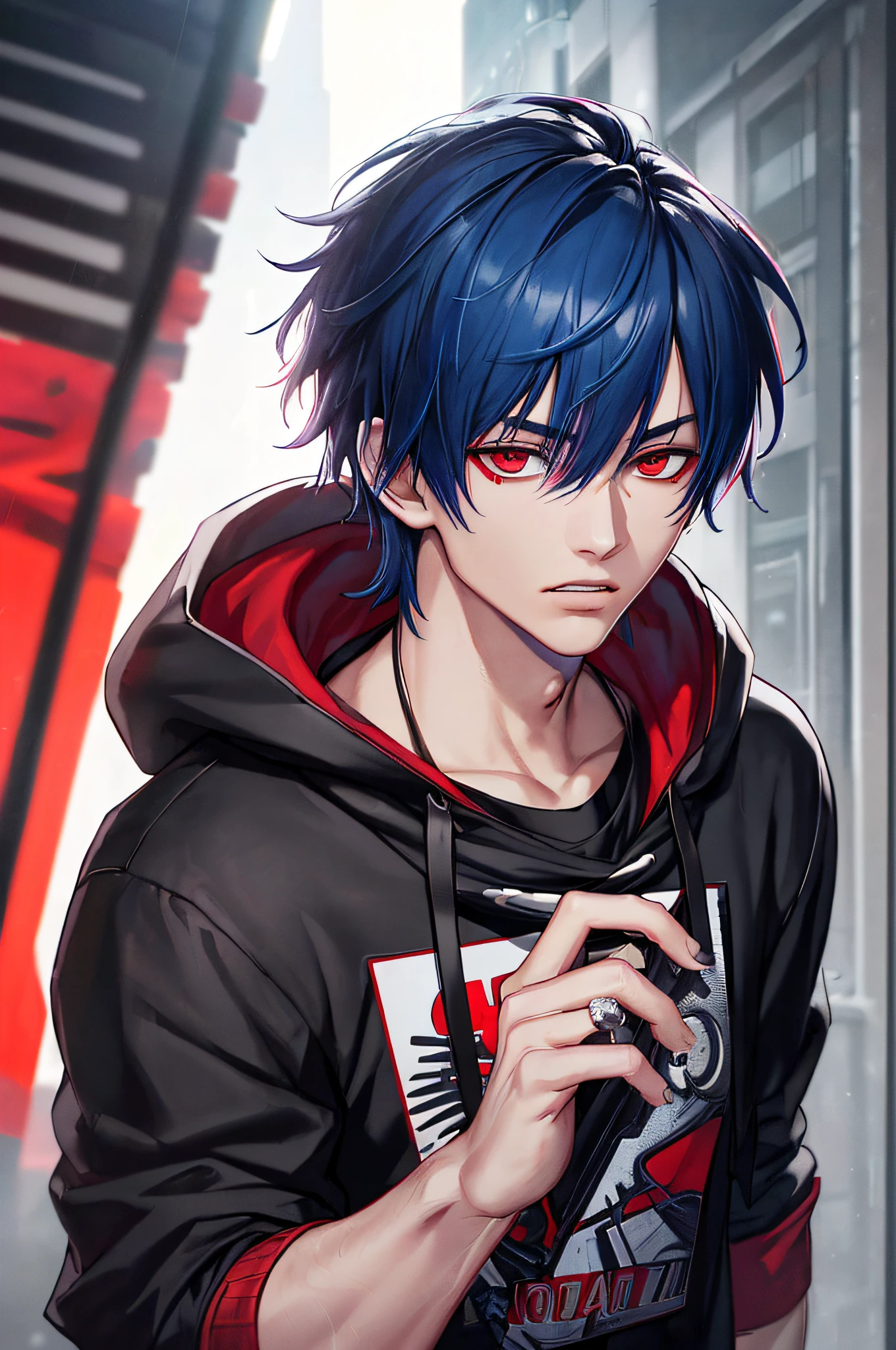kk, best quality, more details, mastery, 1boy, kaneki ken, portrait, male focus, red eyes, solo, bangs, looking at viewer, hood, short hair, rain, tokyo tokyo (city\), bandana, nail polishing, blue hair, luxury, 8k, details, ray tracing, depth of field, cinema lighting,