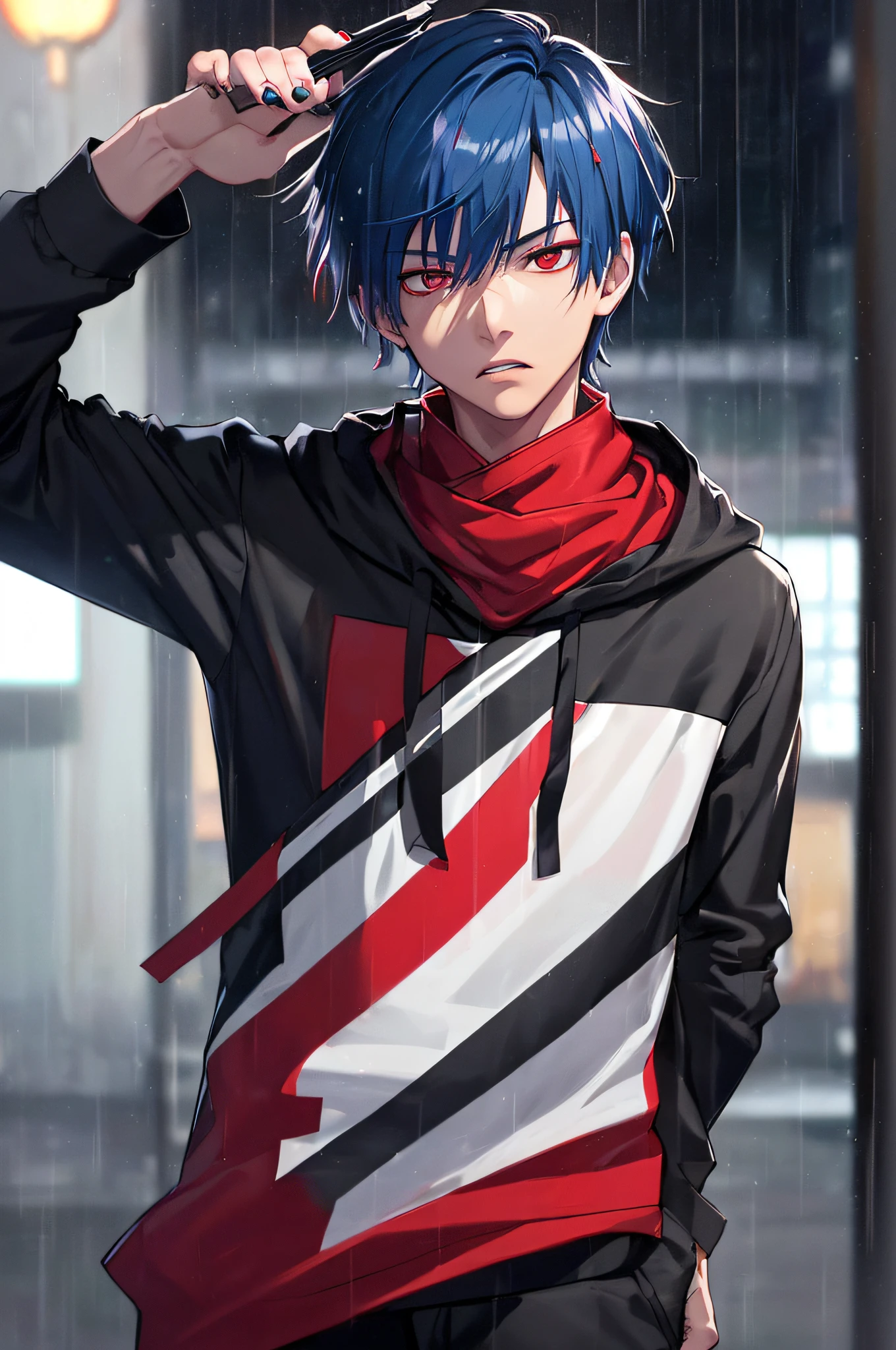 kk, best quality, more details, mastery, 1boy, kaneki ken, portrait, male focus, red eyes, solo, bangs, looking at viewer, hood, short hair, rain, tokyo tokyo (city\), bandana, nail polishing, blue hair, luxury, 8k, details, ray tracing, depth of field, cinema lighting,