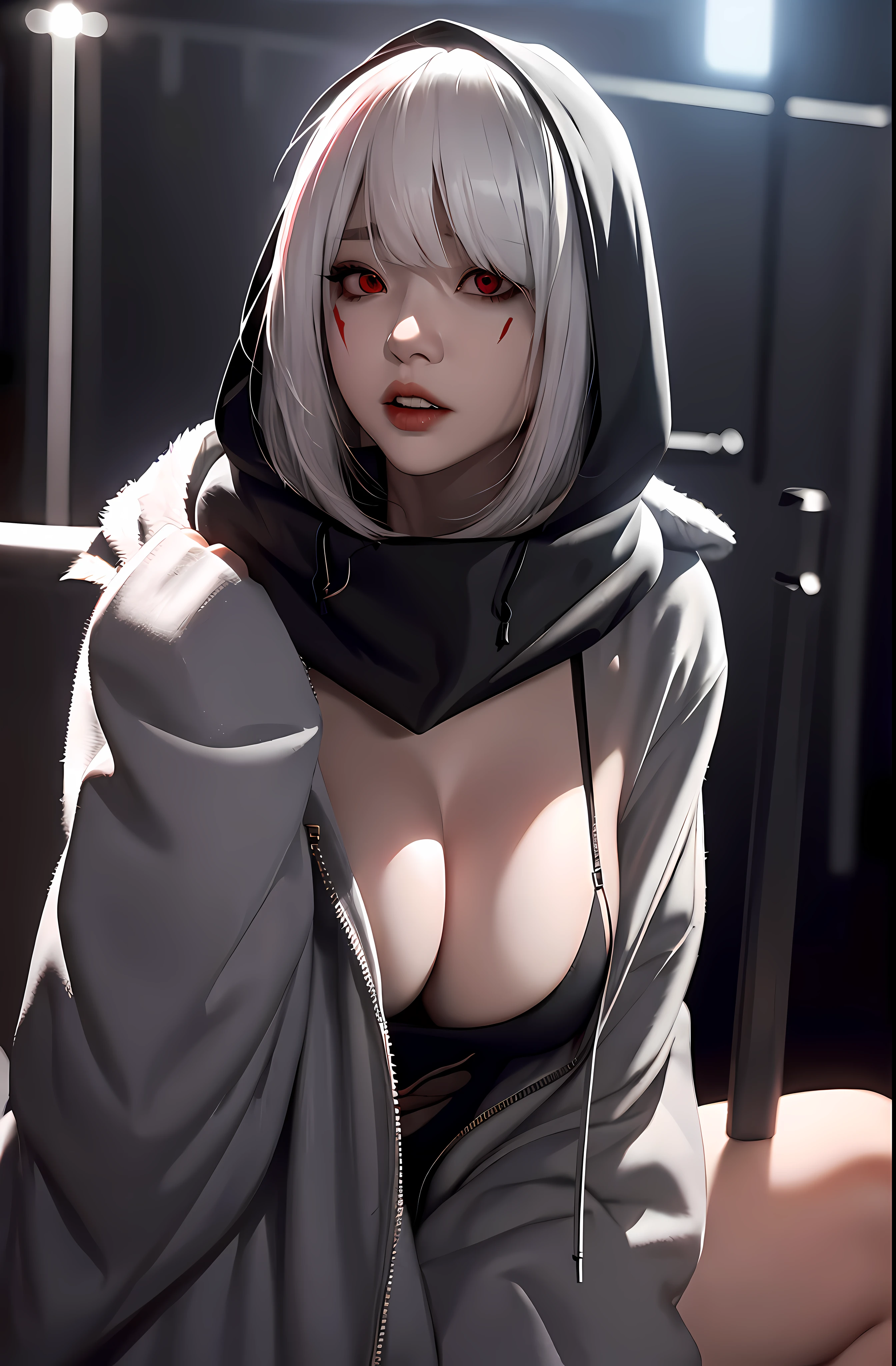 Female Vtuber version of Kaneki, sexy, busty, large breasts exposed, nearly naked, sfw, kk, best quality, more details, masterpiece, 1 girl kaneki ken, portrait, close-up, female focus, red eyes, solo, mask, black nails, bangs, looking at viewer, hood, short hair, black background, hand up, hood up, nail polish, mouth mask, teeth, white hair, black mask, luxurious, 8k, detailed, ray tracing, depth of field, cinematic lighting, blood,