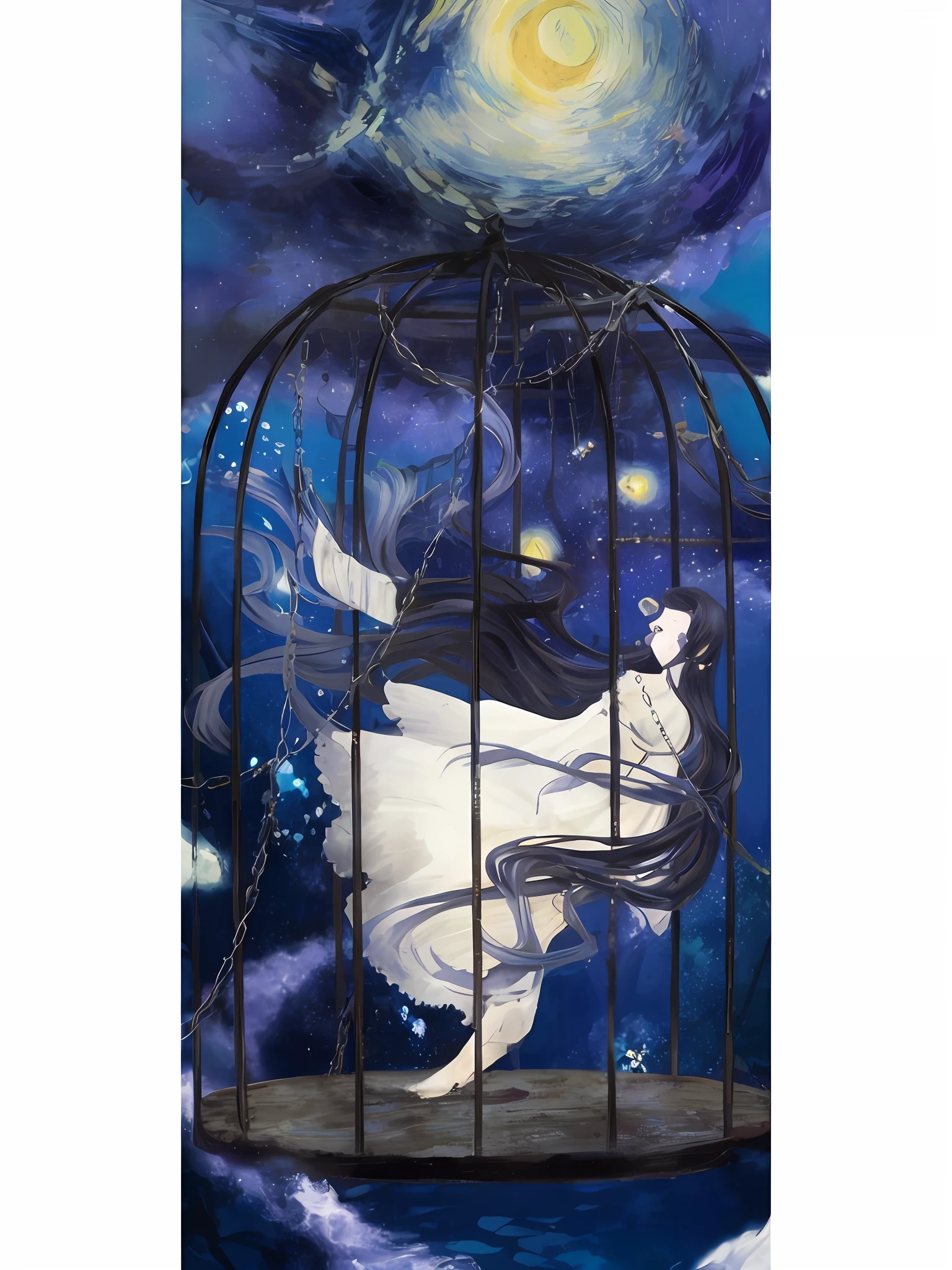 Deep underwater world, reality, reality, Van Gogh art, a Van Gogh element starry sky appears at the bottom of the sea, a girl lying in the sea, imprisoned in an iron cage, facing the starry sky, eyes full of despair and helplessness, close-up, girl, cage, far view, starry sky, tears, wetsuit, cinematic sense, brokenness,