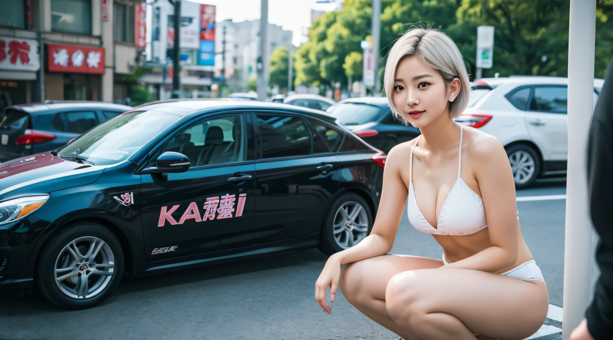 1 girl, Idol, Model, Photography, Film,(8k, RAW photos, Top Quality, Masterpiece:1.2),(Realistic, Photorealistic:1.37),Japan persons, 23 years old, Female, Big, Face, Clavicle, , , Erotic, Micro bikini ,,Morning Tokyo cityscape, Beauty, Slender, Short hair, Cool face, White hair, Blush, Ahe face,Iki face, Pleasant expression,, Open crotch, crouching, leg open