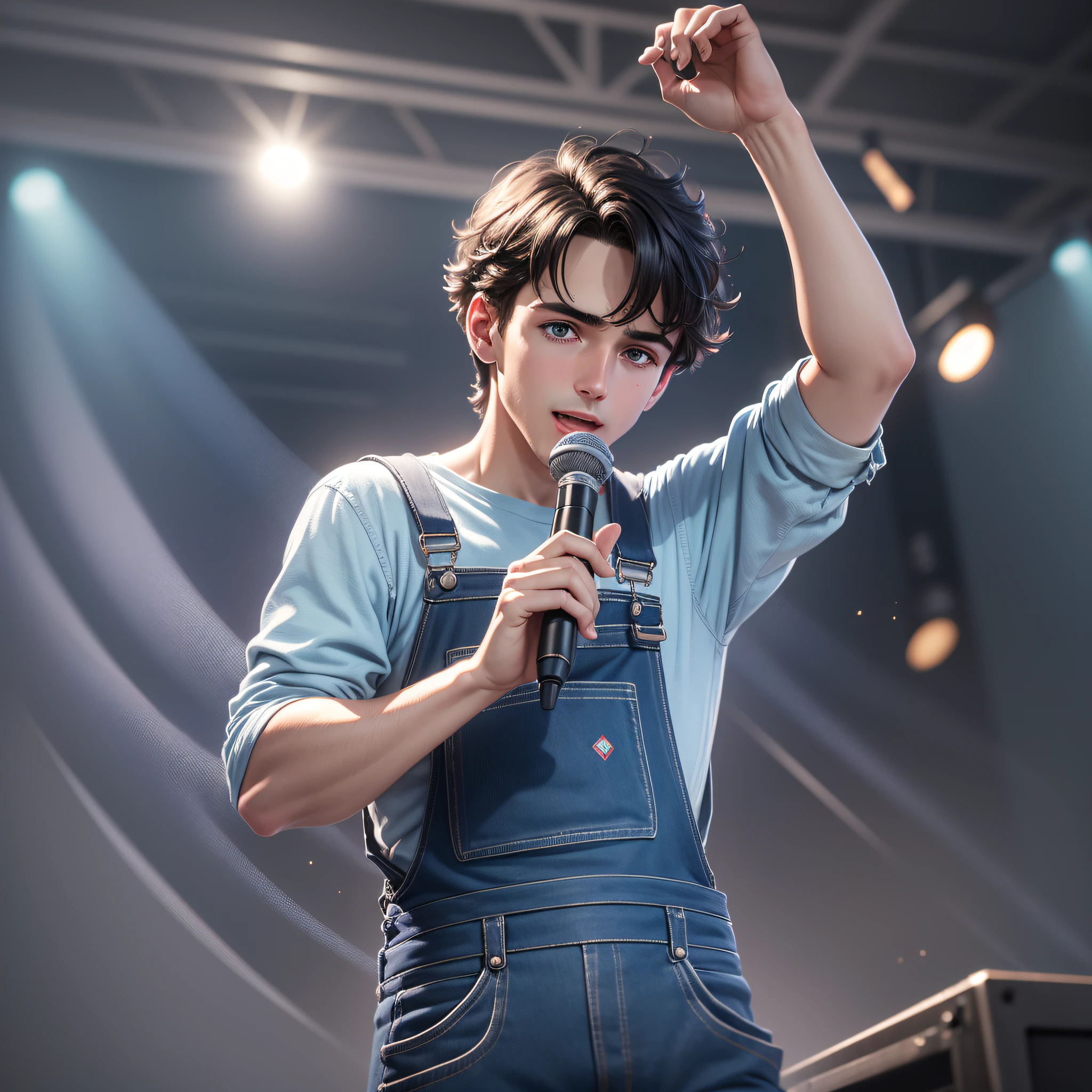 Master work, best image quality, high detail, super high resolution, 8k resolution, A dark-haired boy in blue overalls sings on stage, microphone in hand --auto --s2