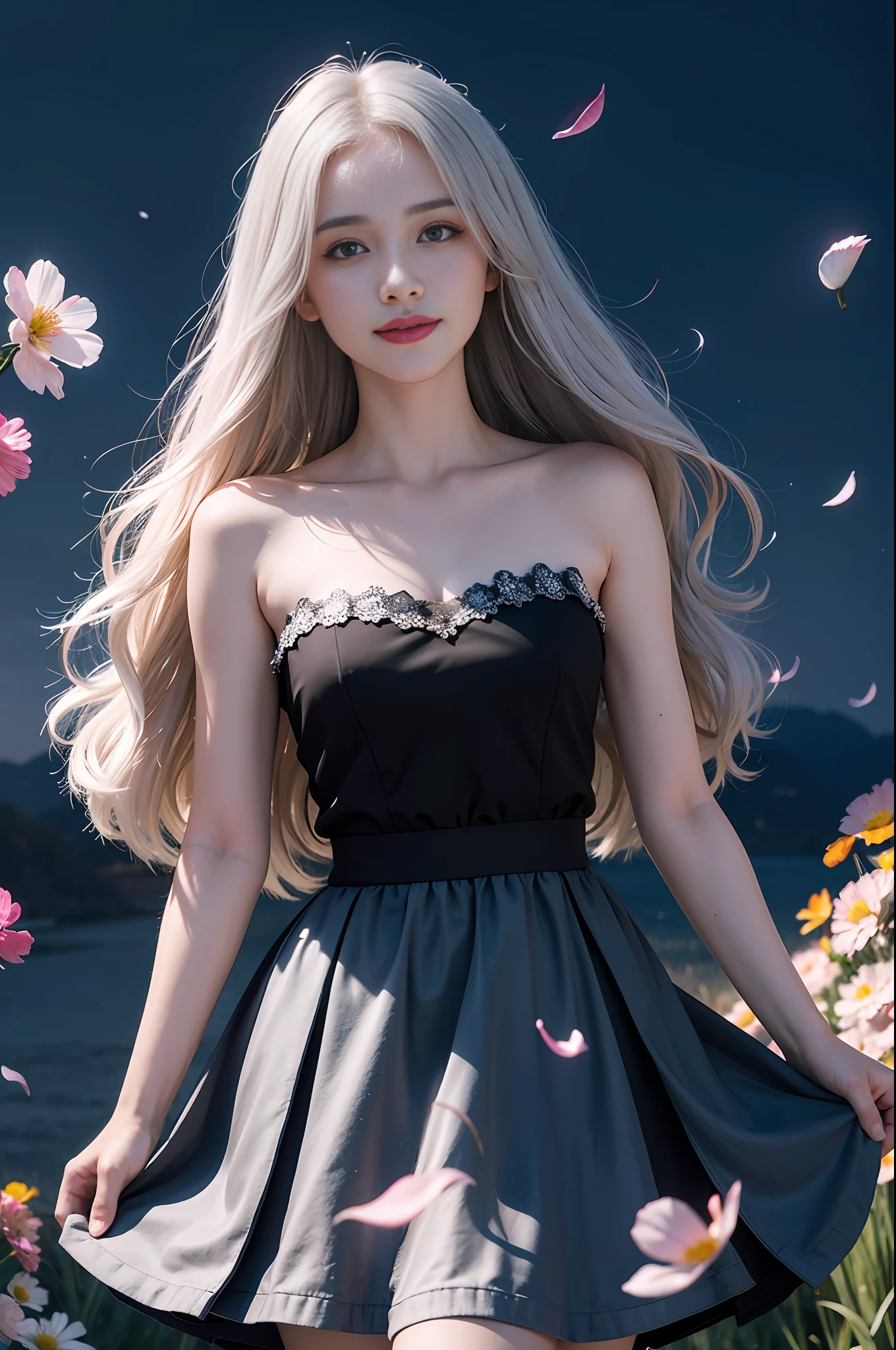 masterpiece, best quality, 1girl, (colorful),(delicate eyes and face), volumatic light, ray tracing, bust shot ,extremely detailed CG unity 8k wallpaper,solo,smile,intricate skirt,((flying petal)),(Flowery meadow) sky, cloudy_sky, moonlight, moon, night, (dark theme:1.3), light, fantasy, windy, magic sparks, dark castle,white hair