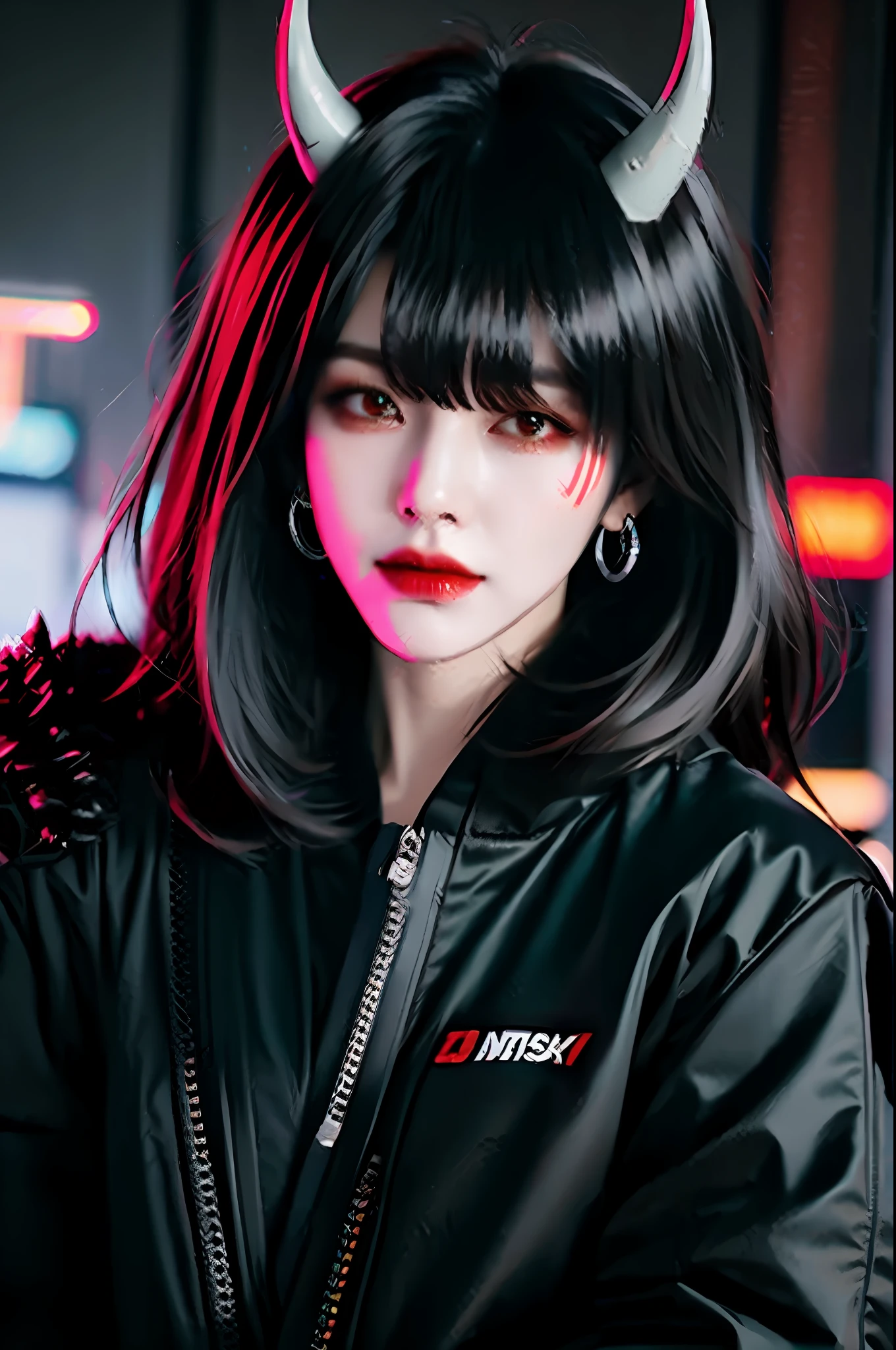 1girl, red eyes, horns, solo, jacket, mask, black jacket, earrings, jewelry, white shirt, shirt, white hair, mouth mask, hair between eyes, upper body, bangs, oni horns, open jacket,cyberpunk,neon lights,cinematic lighting,from side,looking at viewer,bad-girl,((mature female))