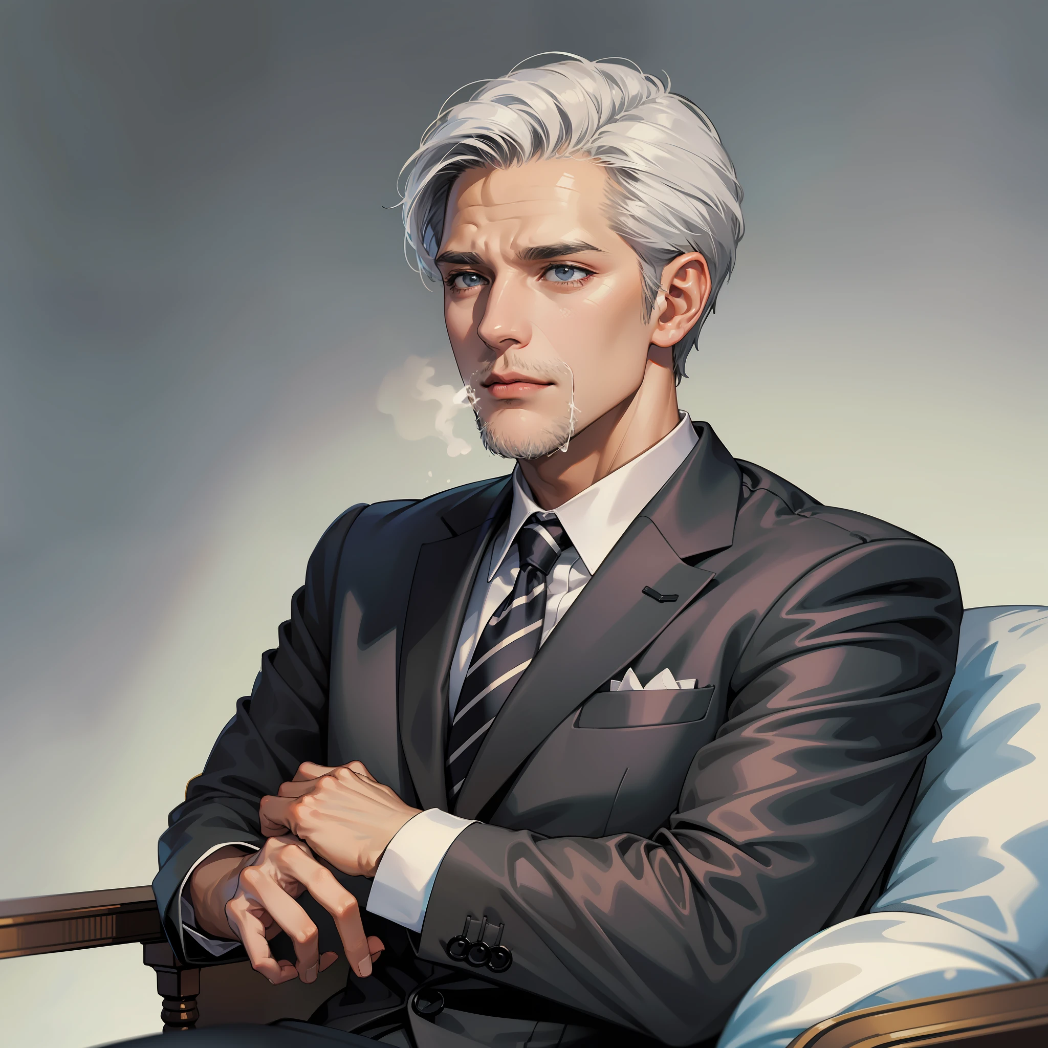 A man, middle-aged, gray hair, wrinkled, dark skin, wearing a suit, sitting on a white sofa
