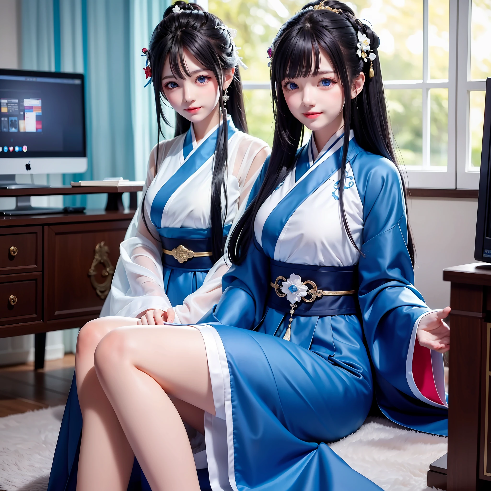 A 16-year-old girl, big blue eyes, long black hair, smiling, Hanfu, sitting, looking at a computer screen, sideways, in the room