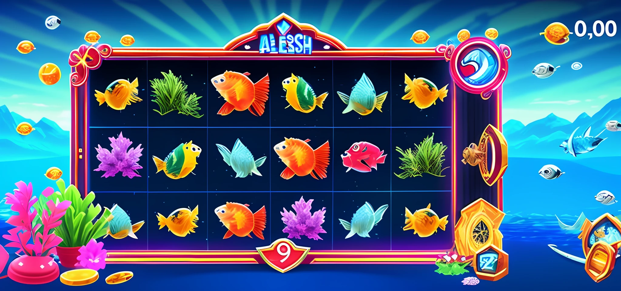 a close up of a slot machine with a number of fish, arctic fish, game interface, jewel fishes, high quality screenshot, screenshot, mobile game asset, pc screenshot, game ui, incredible depth, amazing depth, ice fish shape, 3 d icon for mobile game, aquarium, game screen, game illustration, fishing, gameplay, pc game with ui --auto --s2