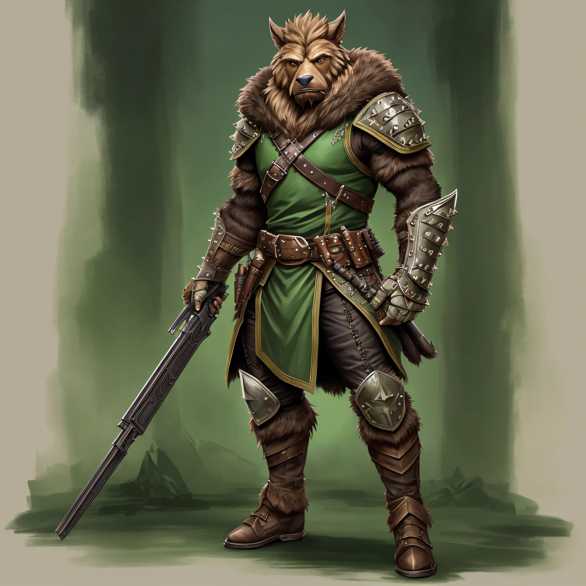 Full body portrait, Bugbear with short brown and human like features hair epic, intense details, Ranger armed with shotgun epic, intense details. Wearing studded leather armor and green cloak in fantasy urban background masterpiece, intense details. dnd art --auto --s2