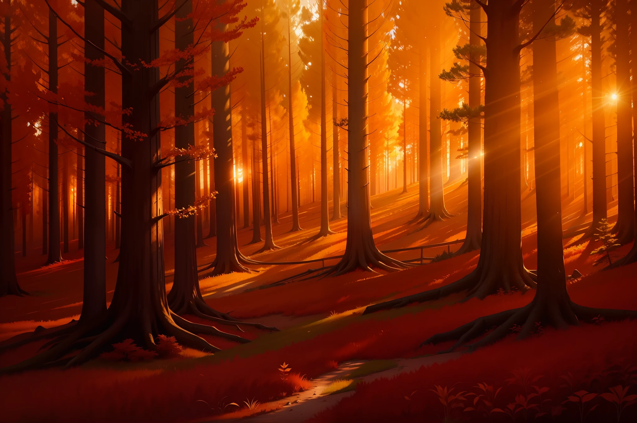 Below the golden orange sky, a forest with giant trees with bright silver leaf, and red grass and red pastures on the ground. (Photorealism:0.4), lens flare, Cinematographic, beautiful