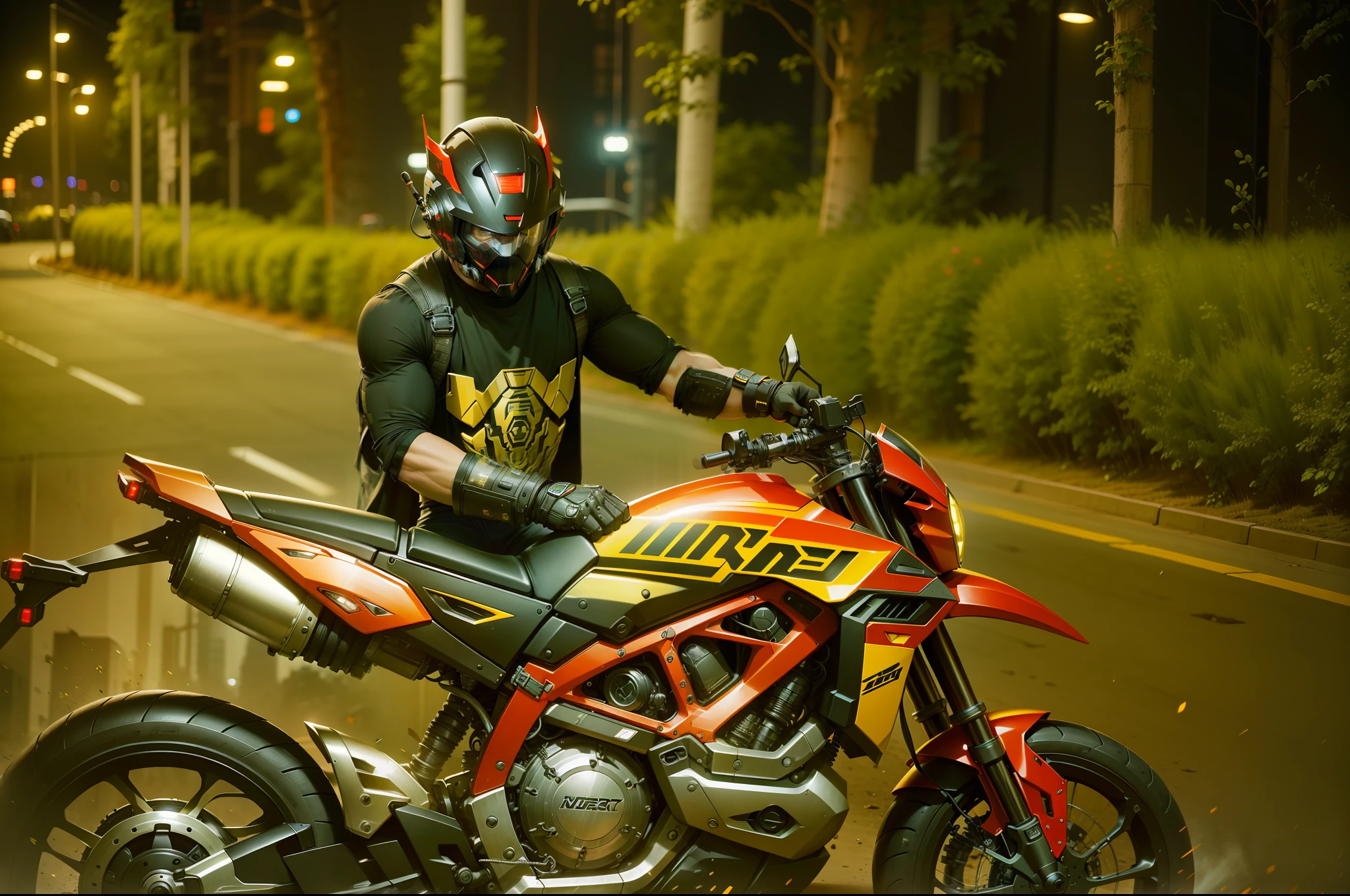 Cyber Warrior & Cybertech Mechanical Motorcycle, Mighty Male Warrior, Nousr, Biomechanics, MSHN Robot Man, Cybertech Full Surround Helmet, Surreal, Steel, Intricate Design, Crazy Detail, Fine Detail, Extremely Clear Lines, Cinematic Lighting, Photo Realistic, Detailed Masterpiece