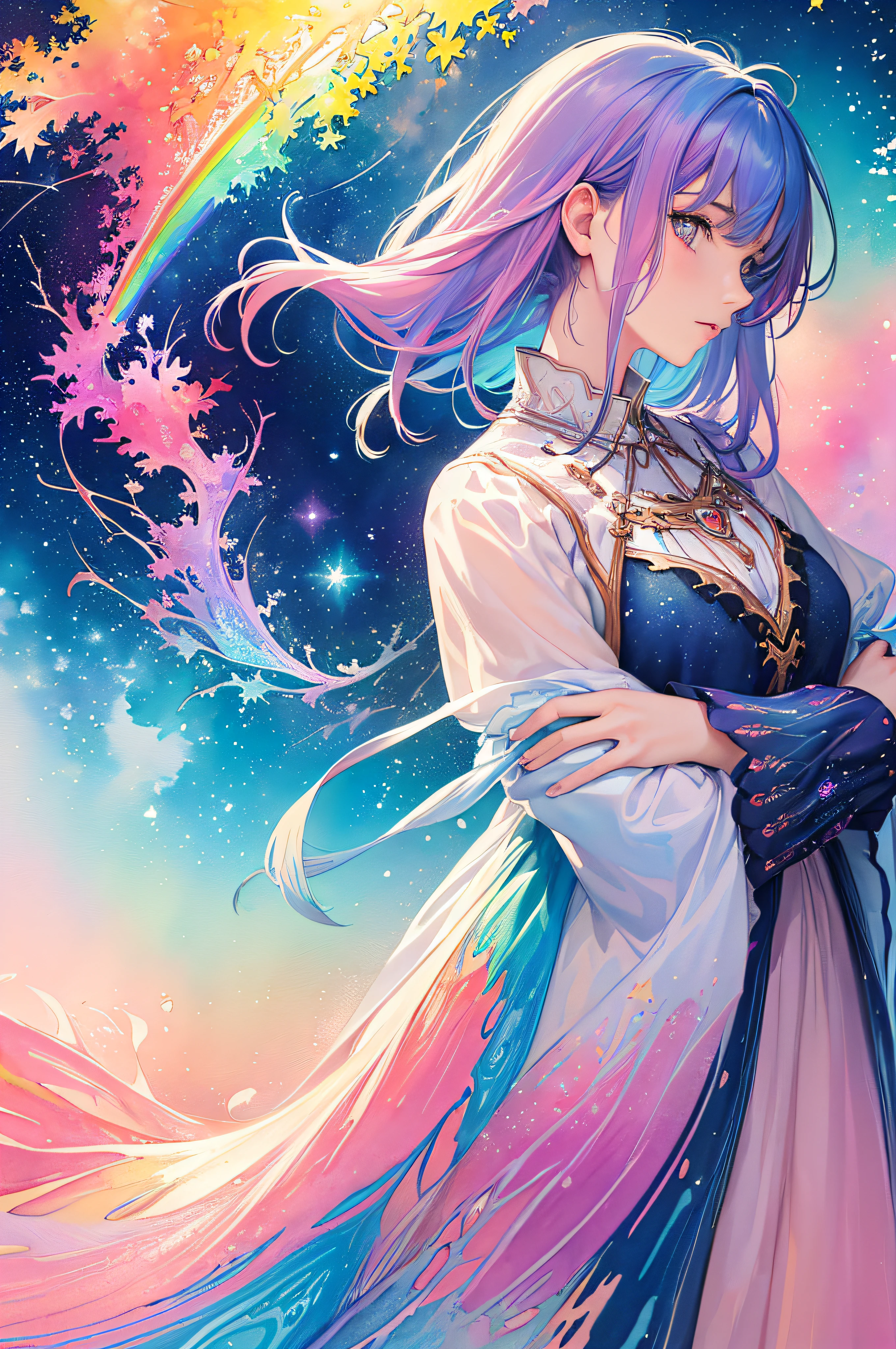 (masterpiece, top quality, best quality,watercolor (medium),official art, beautiful and aesthetic:1.2),(1girl:1.3), (fractal art:1.3),upper body, from side, looking at viewer,patterns,(rainbow color Hair,colorful hair,half blue and half pink hair:1.2),water,liquid, cloud,colorful, starry,stars,